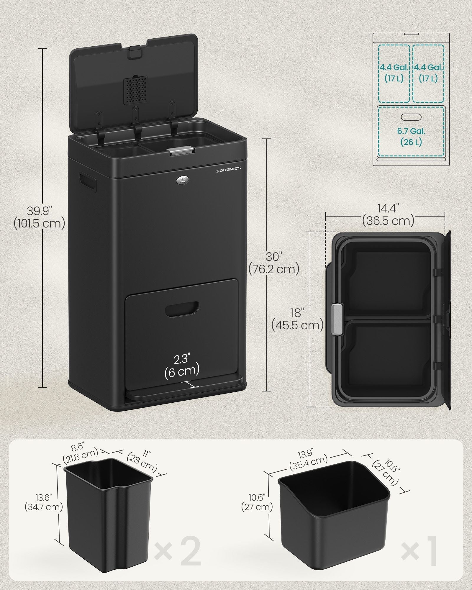 3-Compartment Kitchen Bin - Plastic - Black - Includes Carbon Filter and Wide Pedal