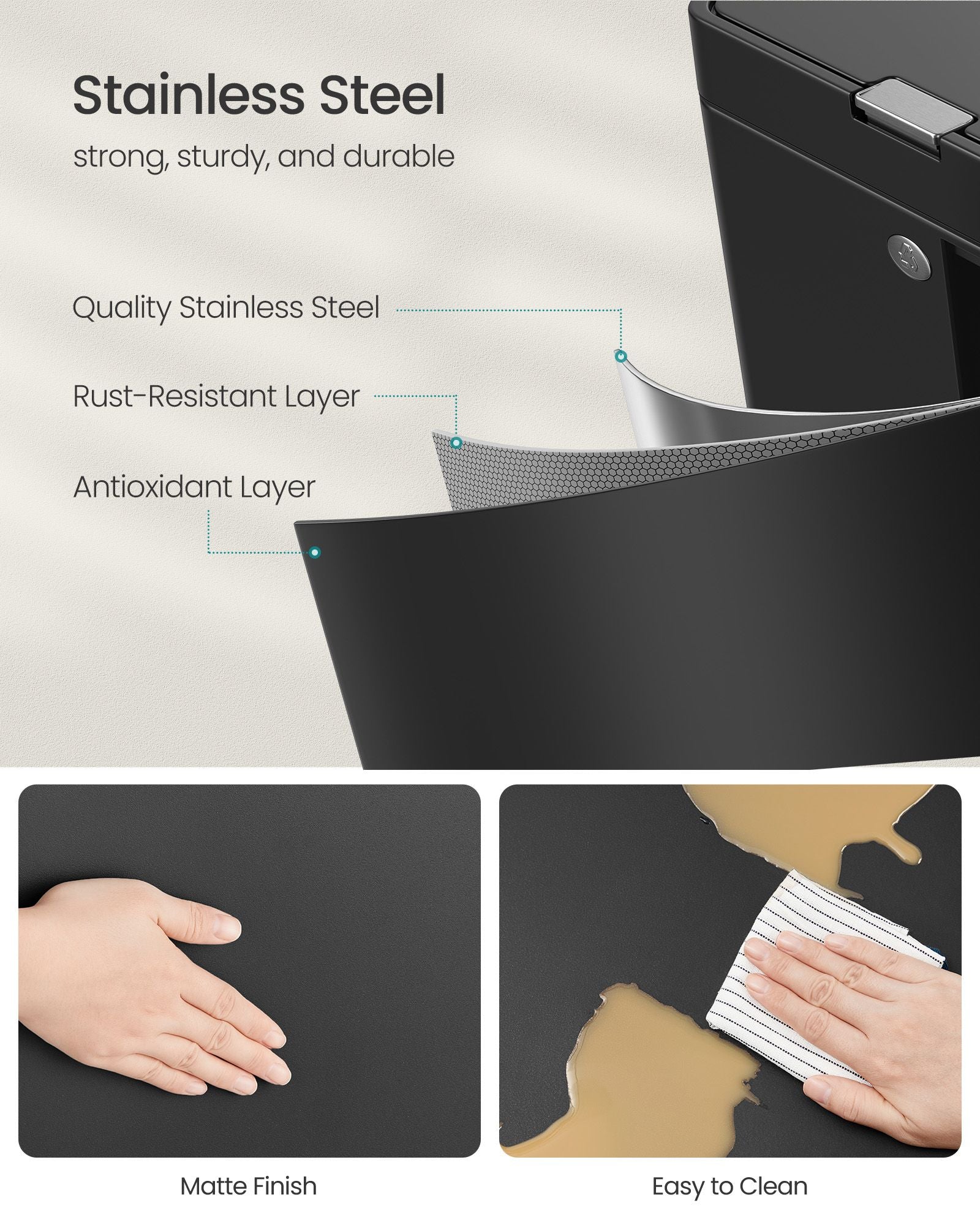 3-Compartment Kitchen Bin - Plastic - Black - Includes Carbon Filter and Wide Pedal