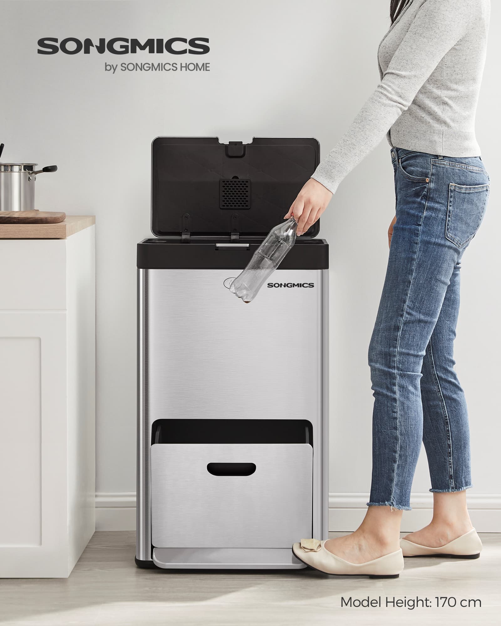 3-Compartment Kitchen Bin - Stainless Steel - Silver - Carbon Filter and Wide Pedal