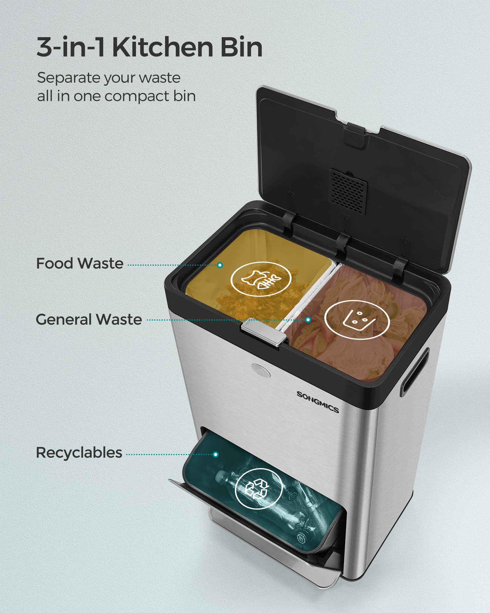 3-Compartment Kitchen Bin - Stainless Steel - Silver - Carbon Filter and Wide Pedal
