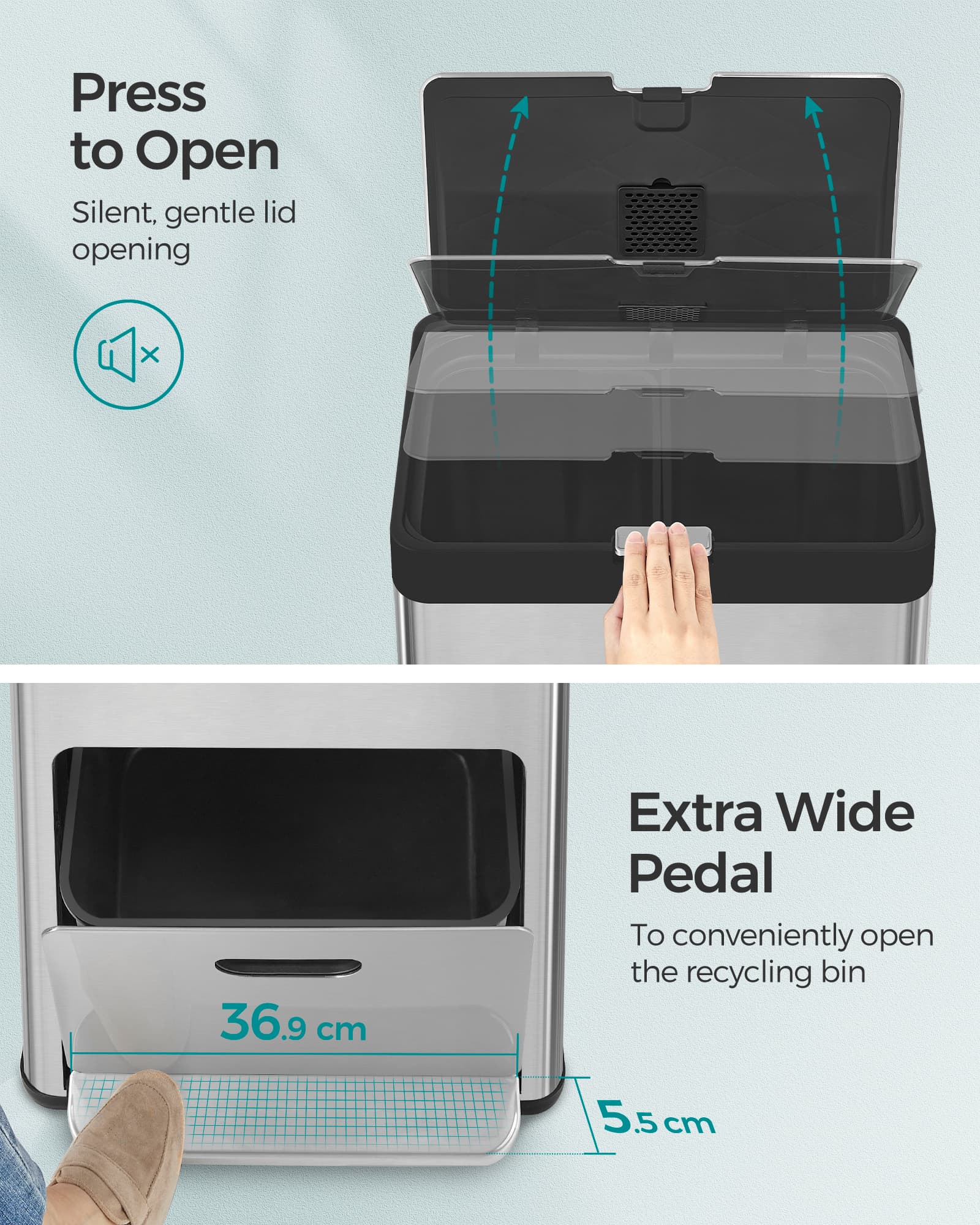 3-Compartment Kitchen Bin - Stainless Steel - Silver - Carbon Filter and Wide Pedal