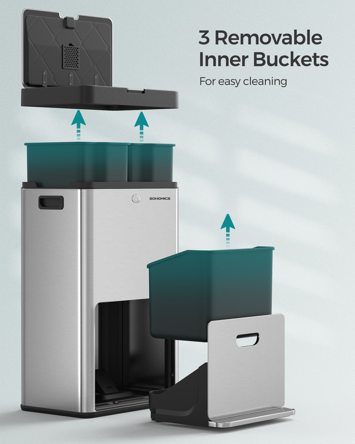 3-Compartment Kitchen Bin - Stainless Steel - Silver - Carbon Filter and Wide Pedal