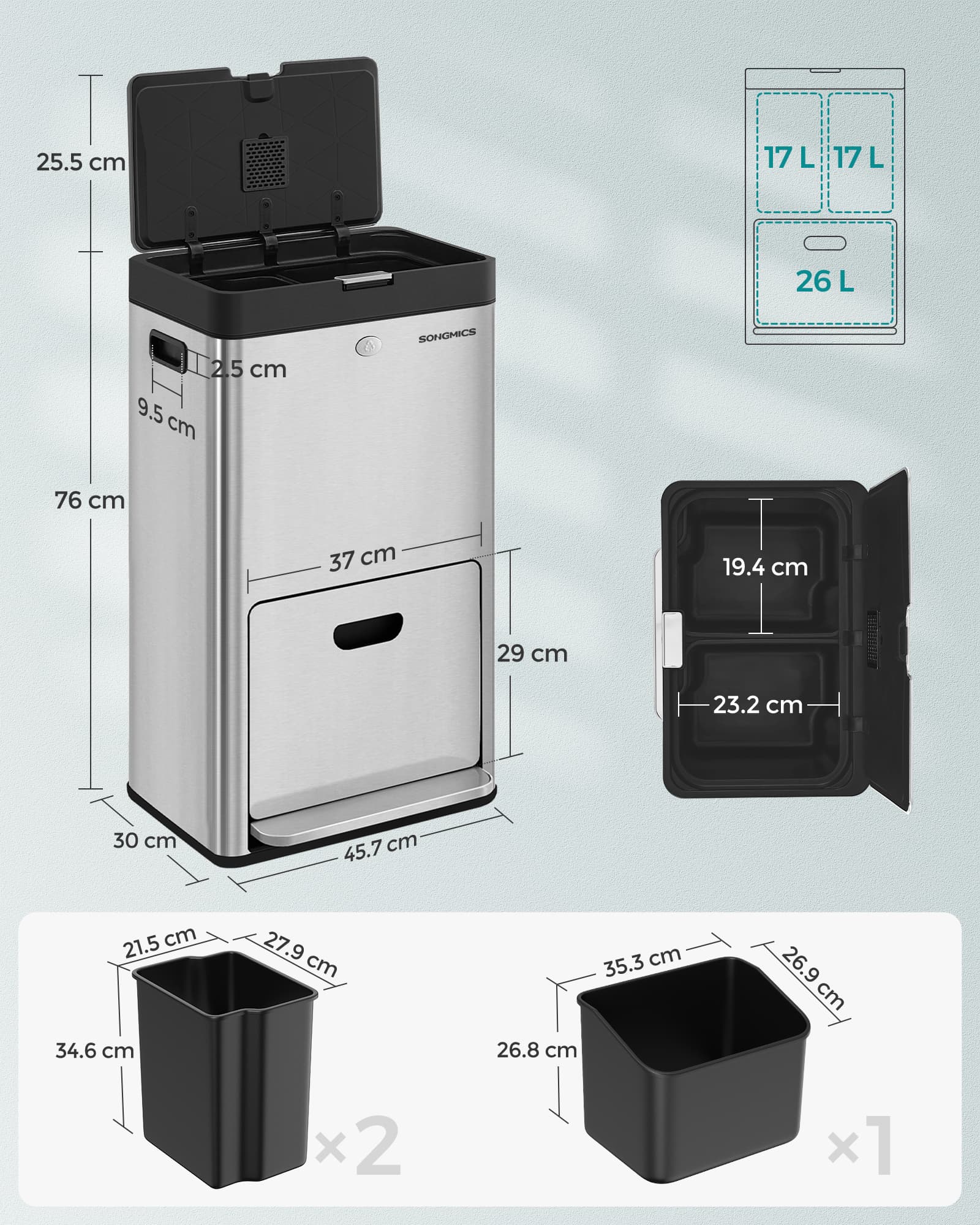 3-Compartment Kitchen Bin - Stainless Steel - Silver - Carbon Filter and Wide Pedal