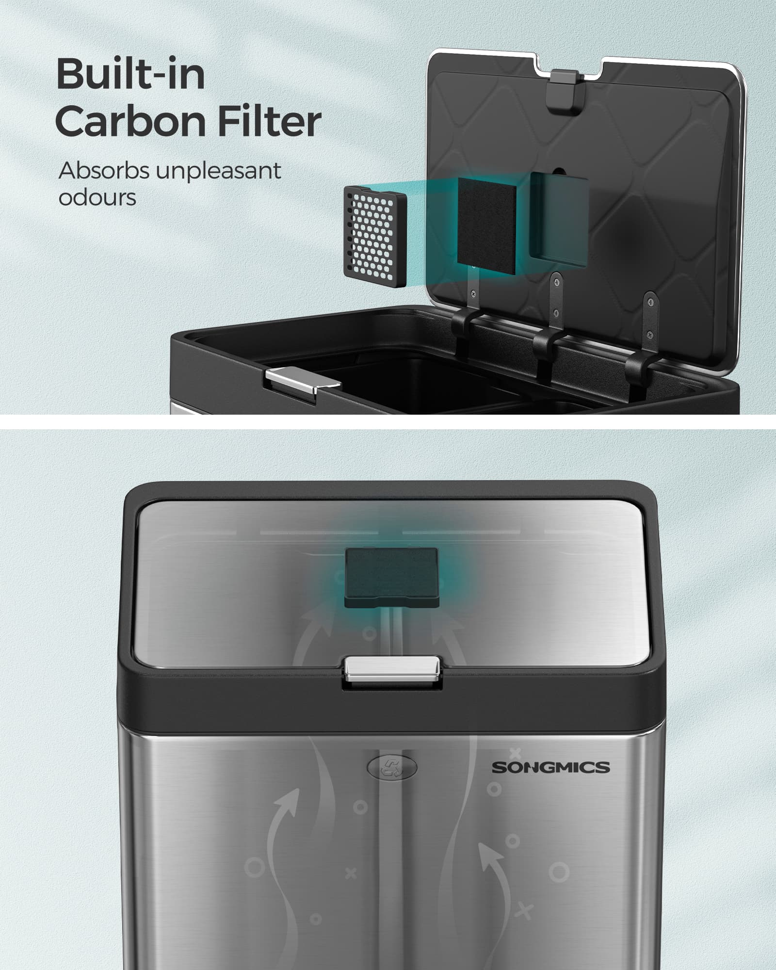 3-Compartment Kitchen Bin - Stainless Steel - Silver - Carbon Filter and Wide Pedal