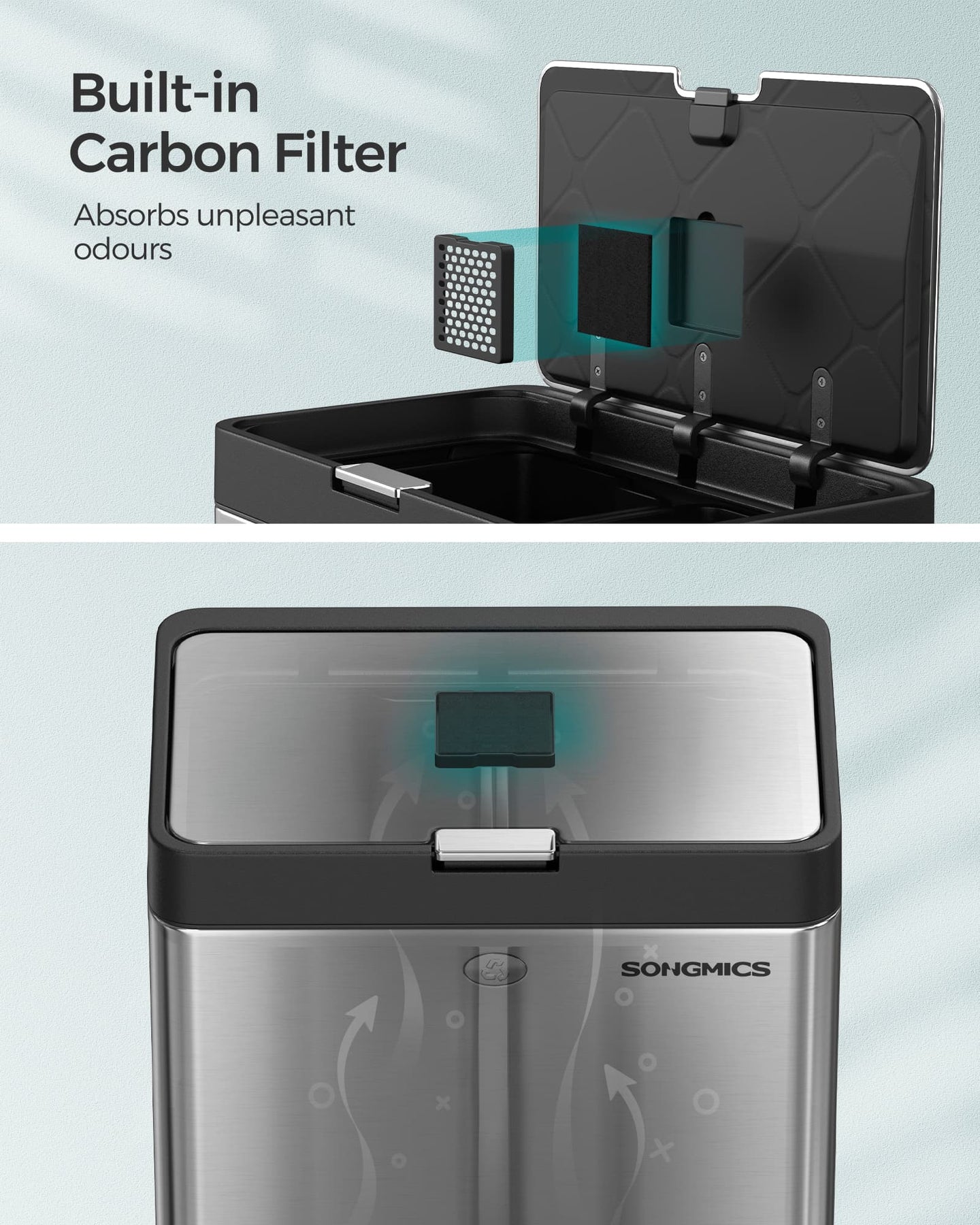 3-Compartment Kitchen Bin - Stainless Steel - Silver - Carbon Filter and Wide Pedal