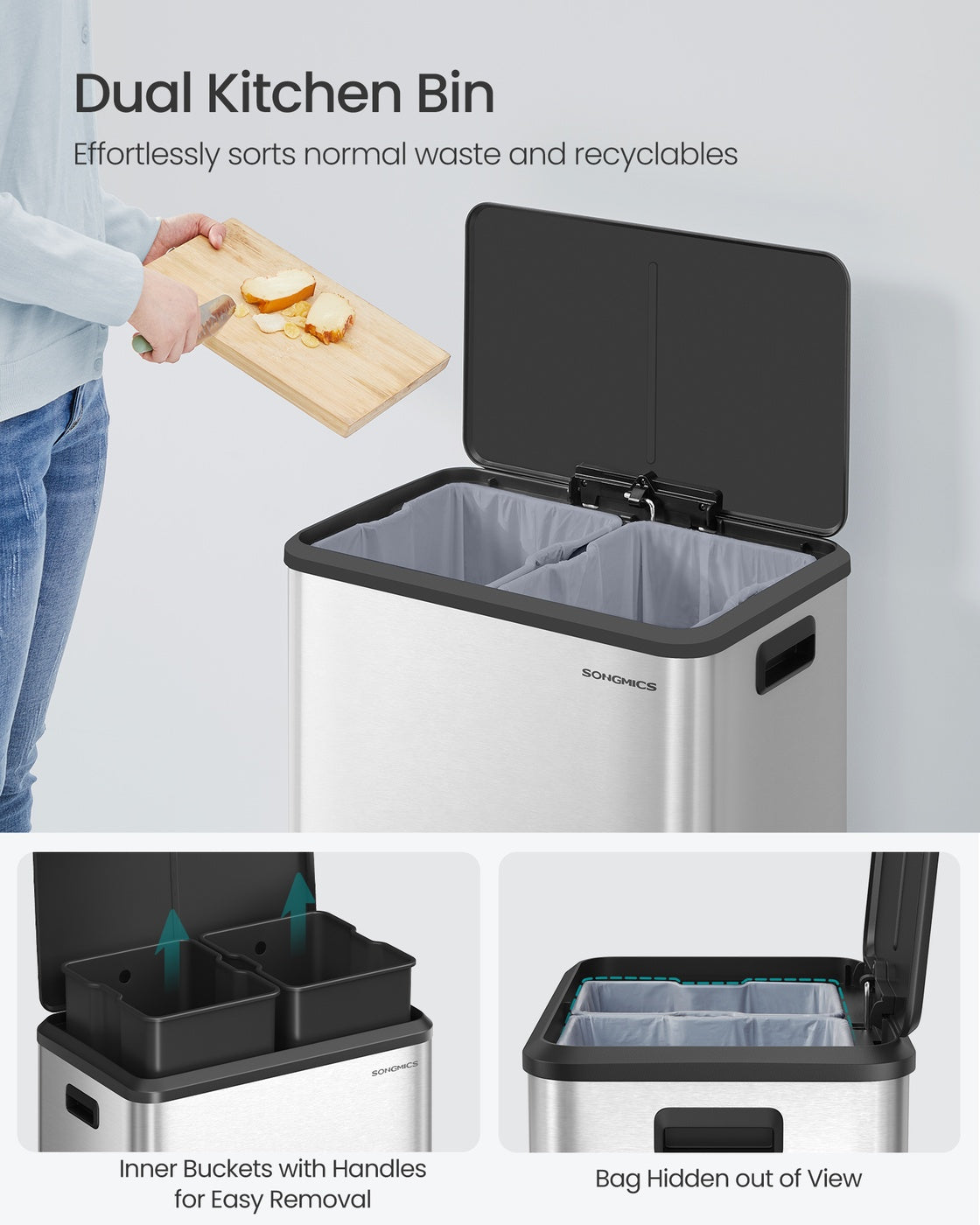 Kitchen Bin - Stainless Steel and Plastic - Metallic Silver