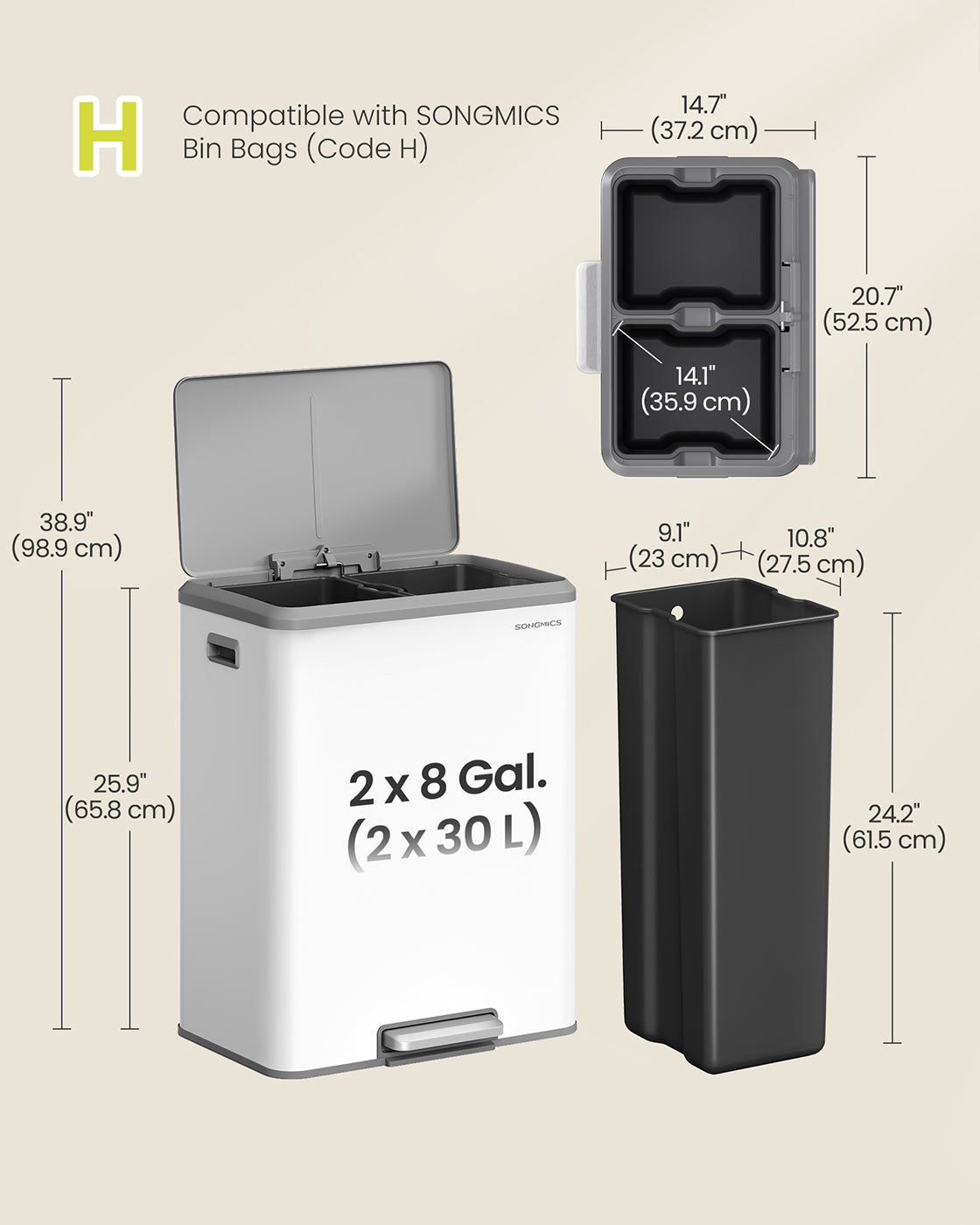 Kitchen Bin - Steel and Plastic - Cloud White