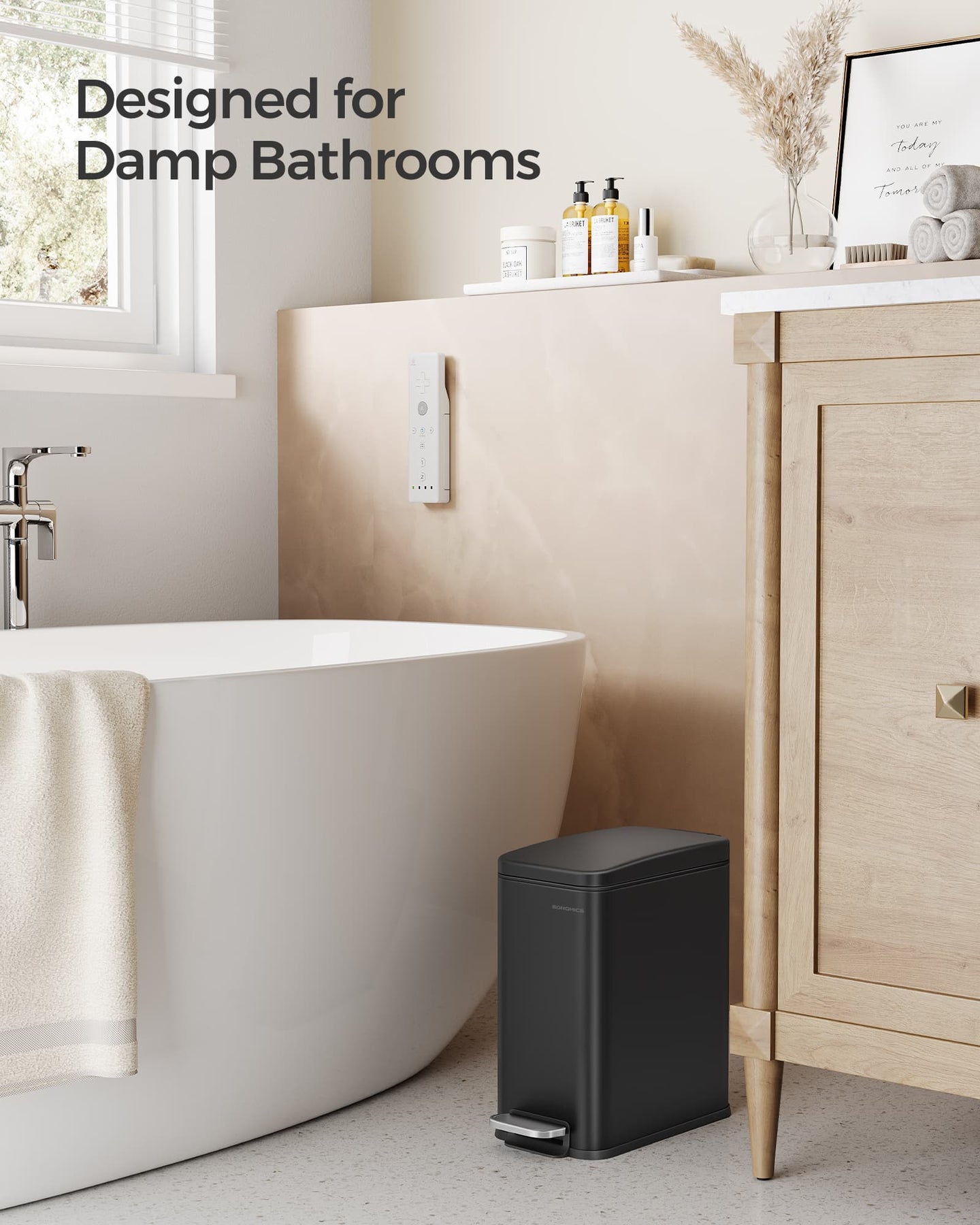 Bathroom Bin - Steel - Black - Slim Design with Soft Close Lid and Pedal Mechanism