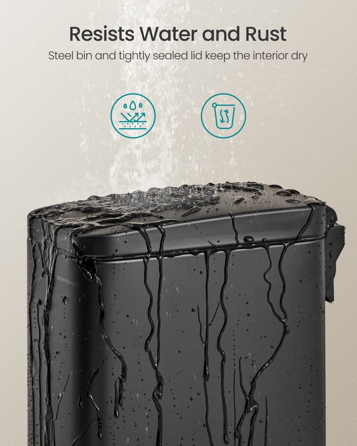 Bathroom Bin - Steel - Black - Slim Design with Soft Close Lid and Pedal Mechanism