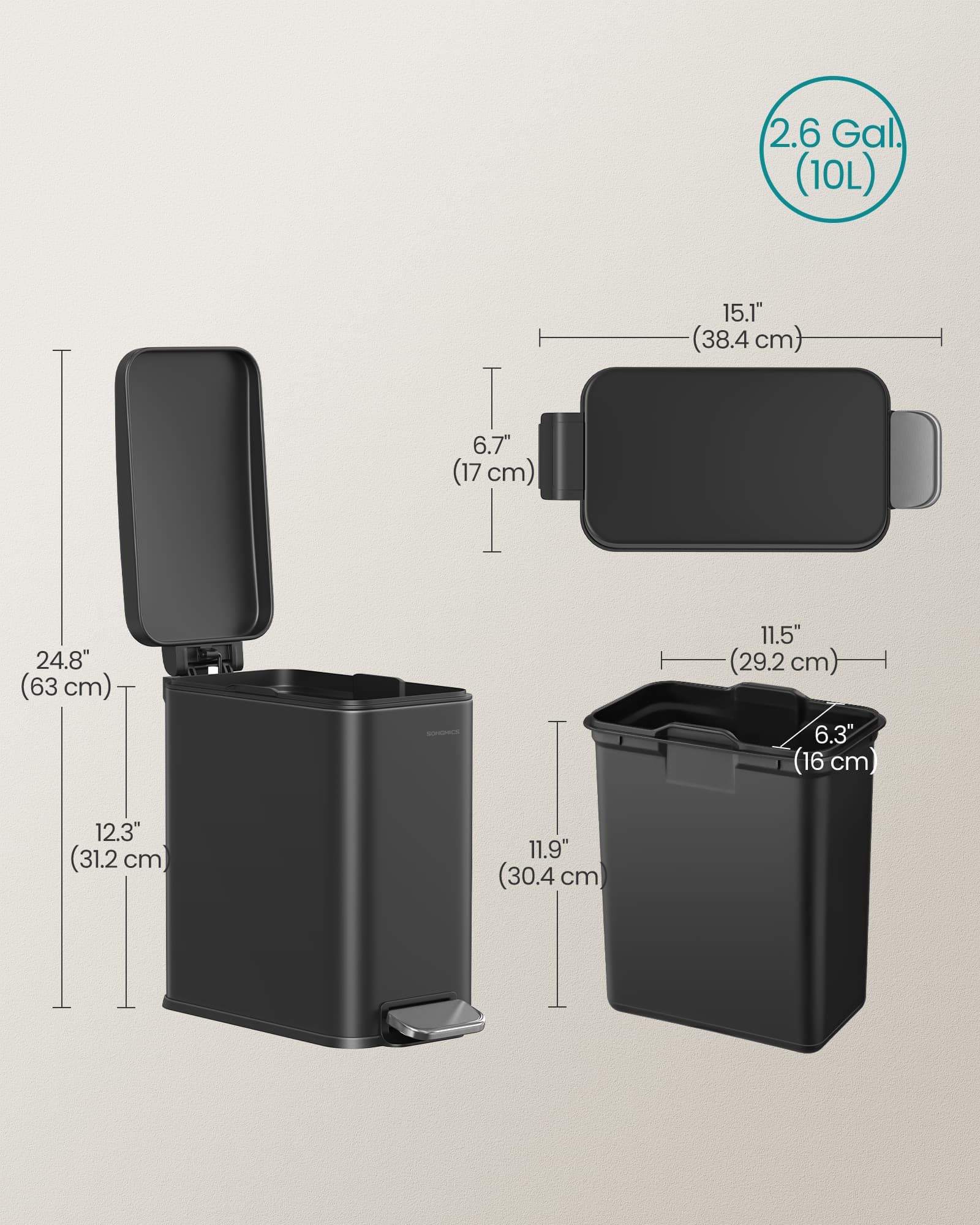 10L Steel Bathroom Bin - Soft Close