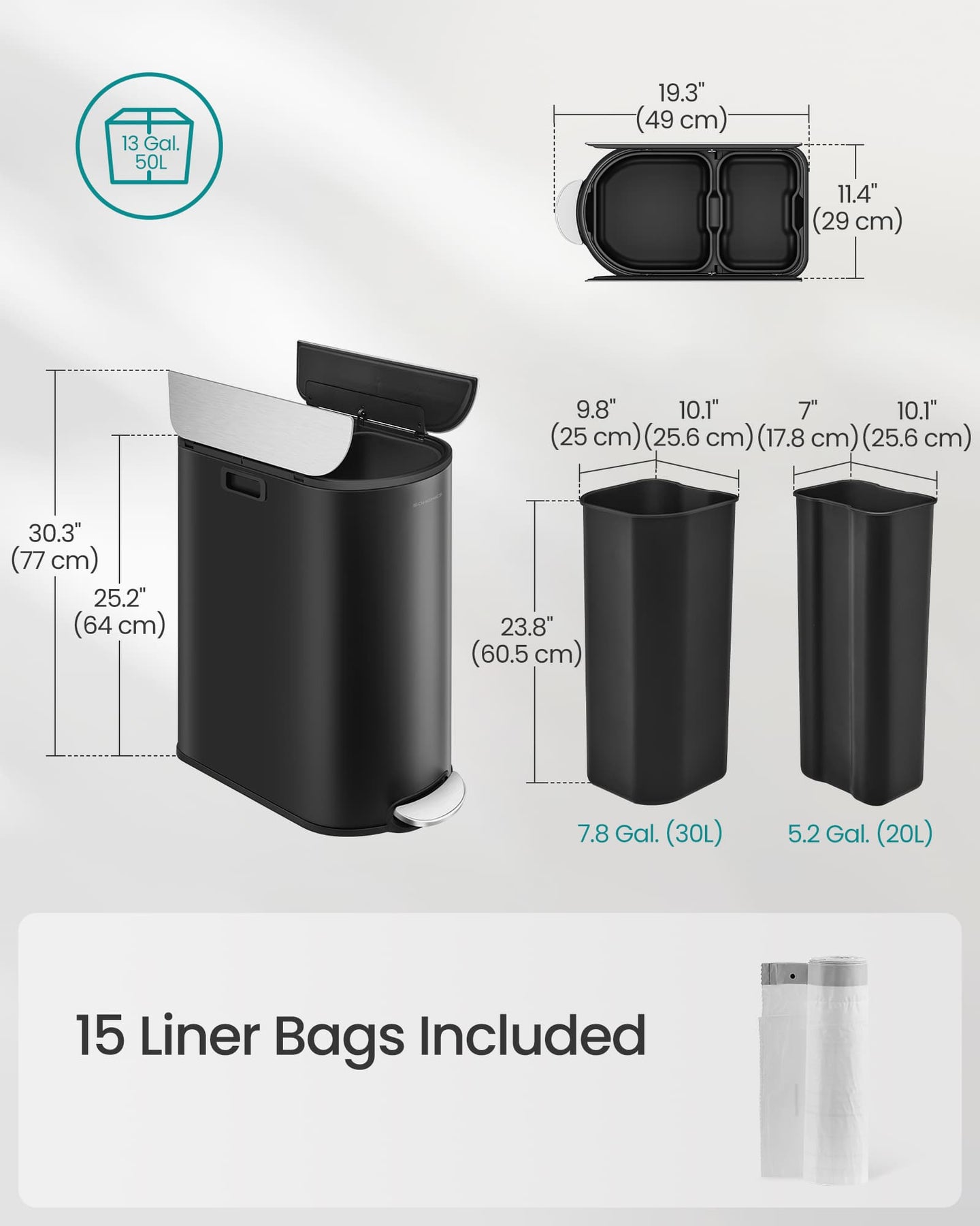 Double Kitchen Bin - Metal - Ink Black - Dual Compartment for Recycling and Waste