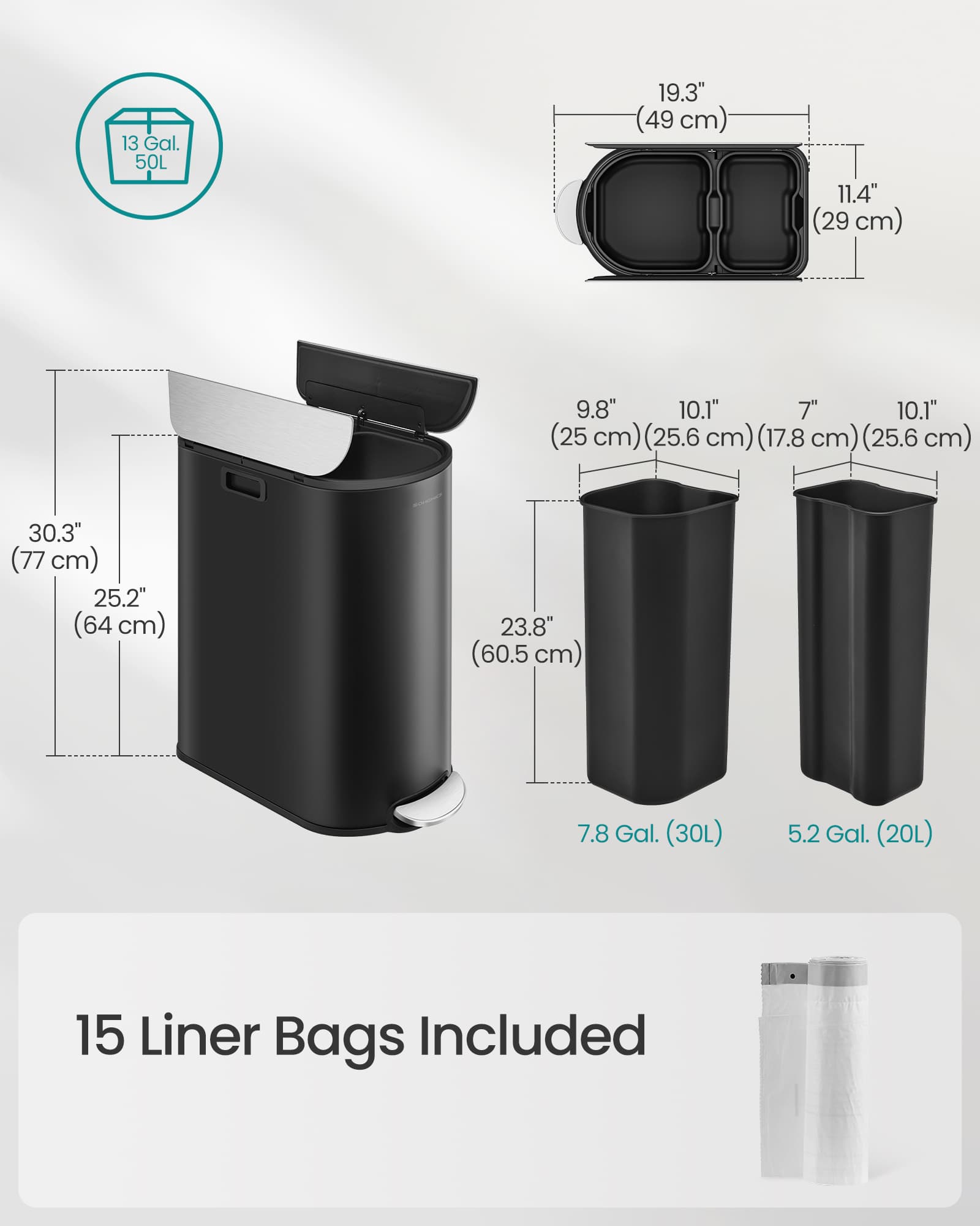 Dual Compartment Recycling Bin - Plastic - Slim Design