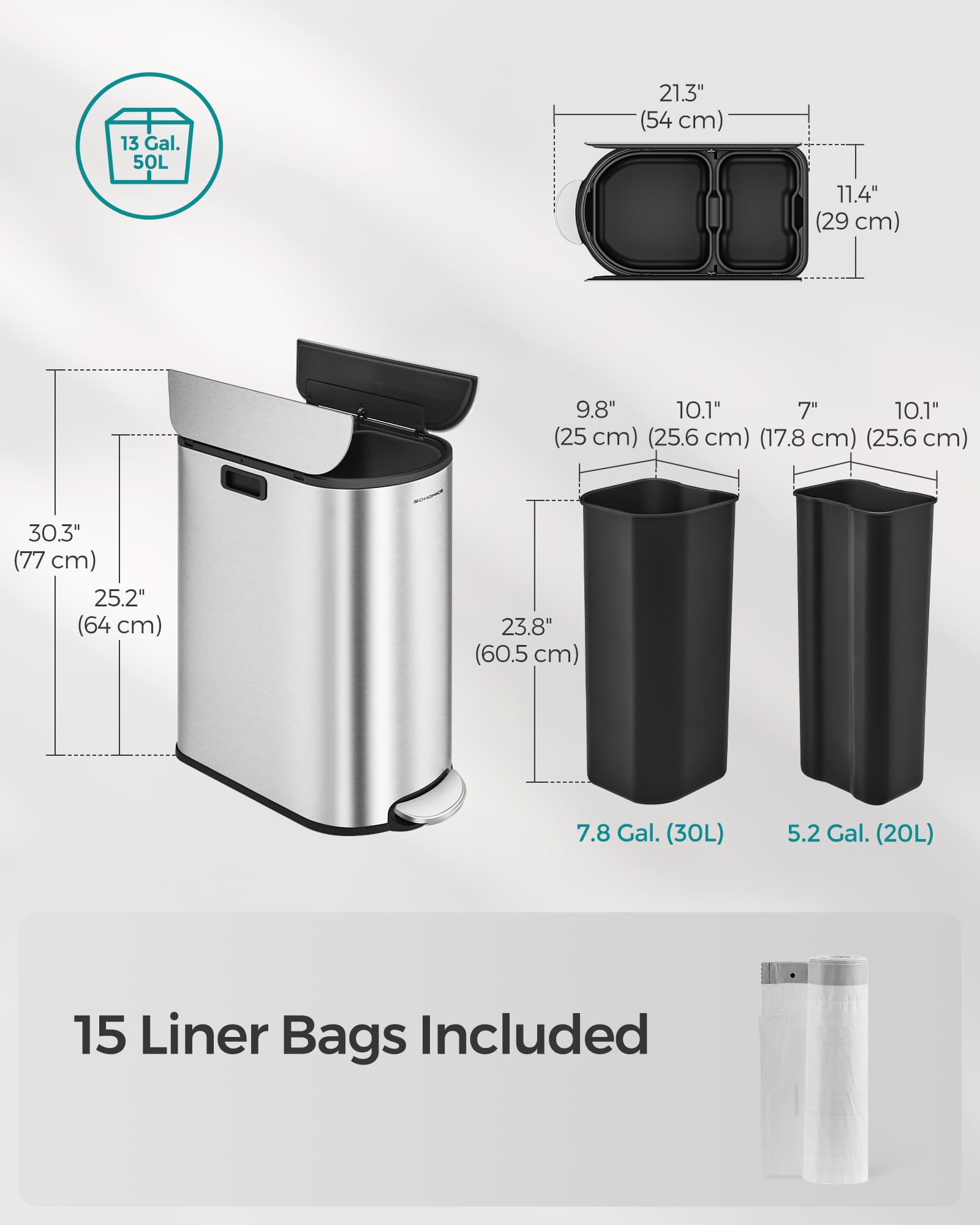 Double Kitchen Bin - Metallic Silver - Dual Compartment