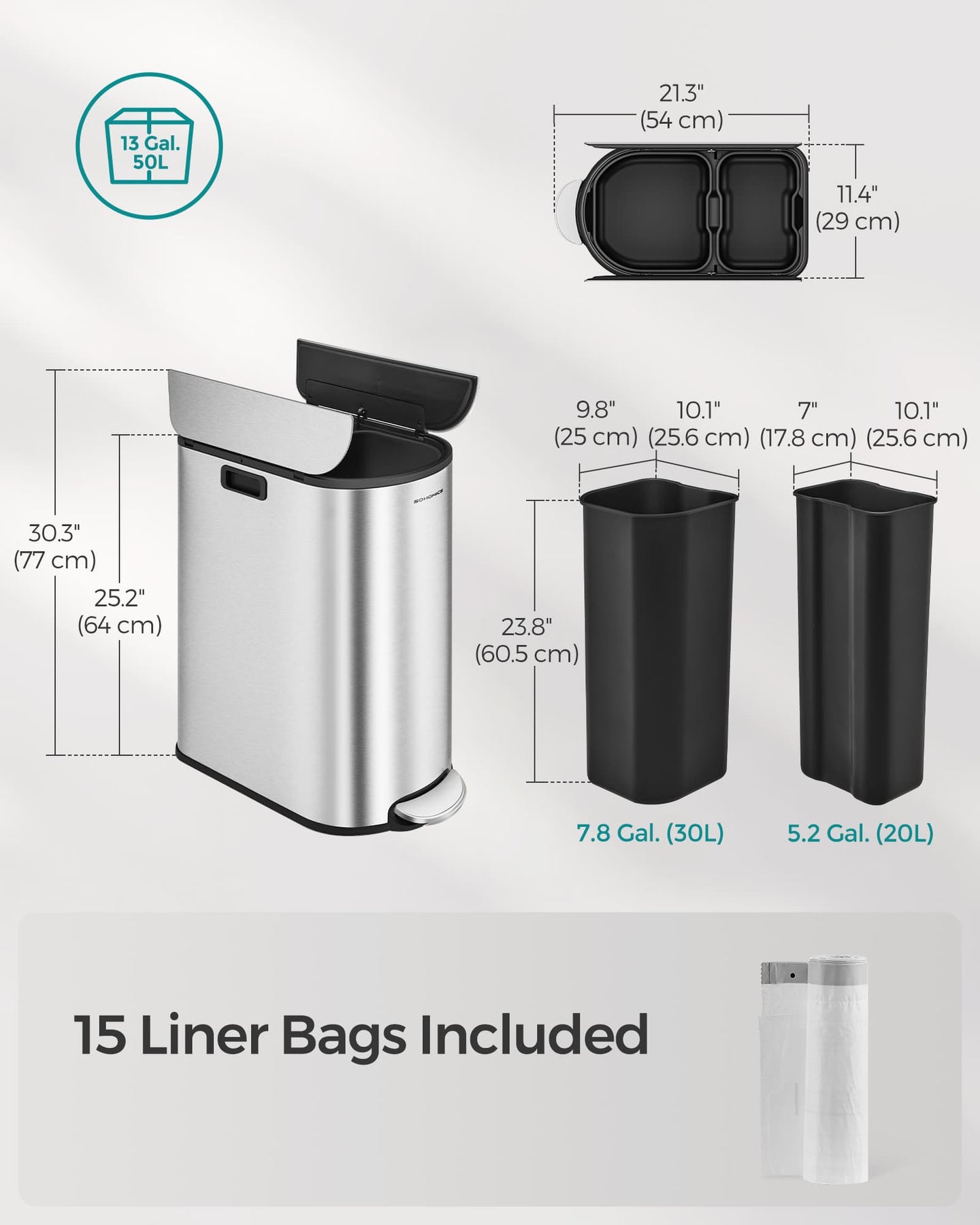 Double Kitchen Bin - Metallic Silver - Dual Compartment