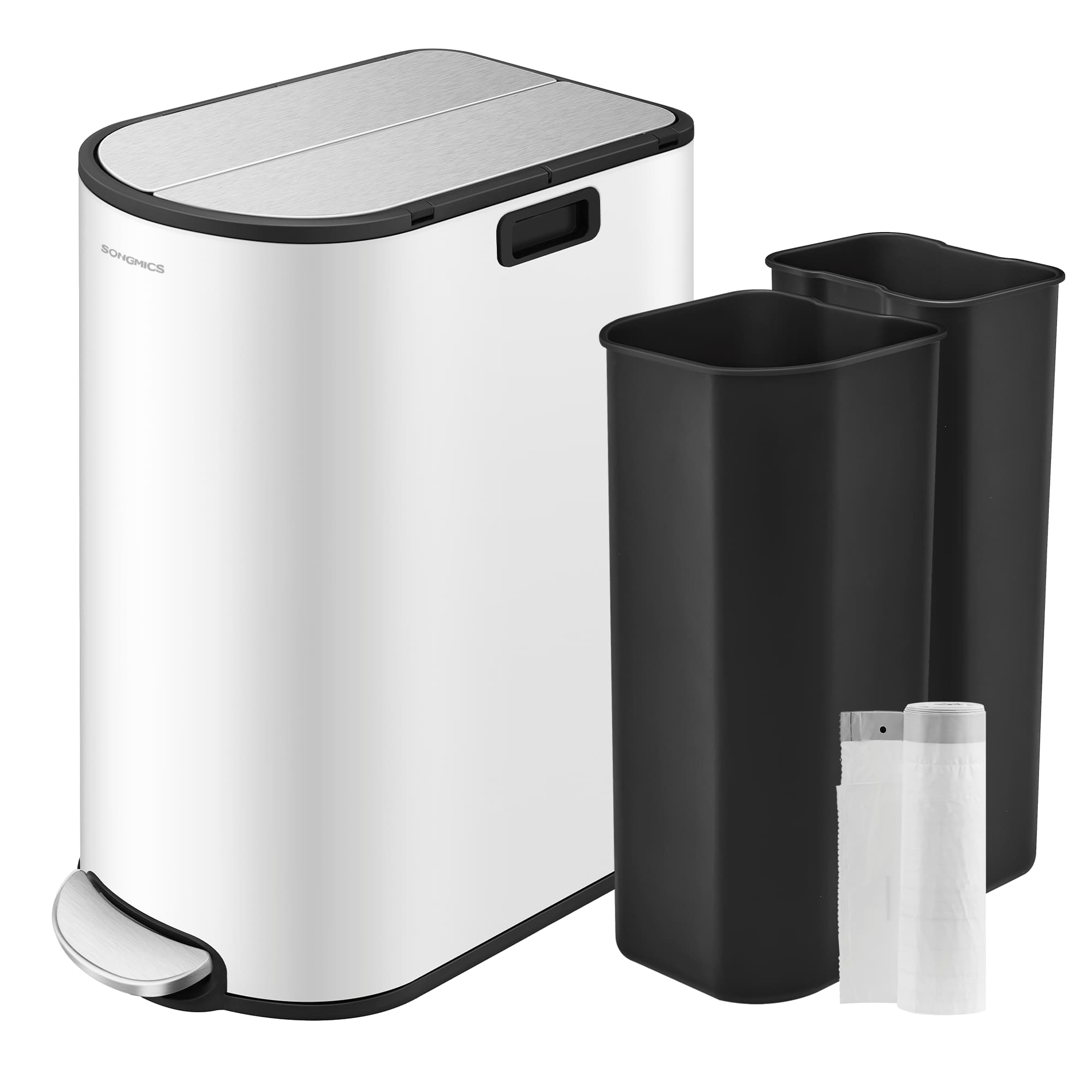 Double Kitchen Bin - Metal - Cloud White - Dual Compartment with Pedal and Wing Lids