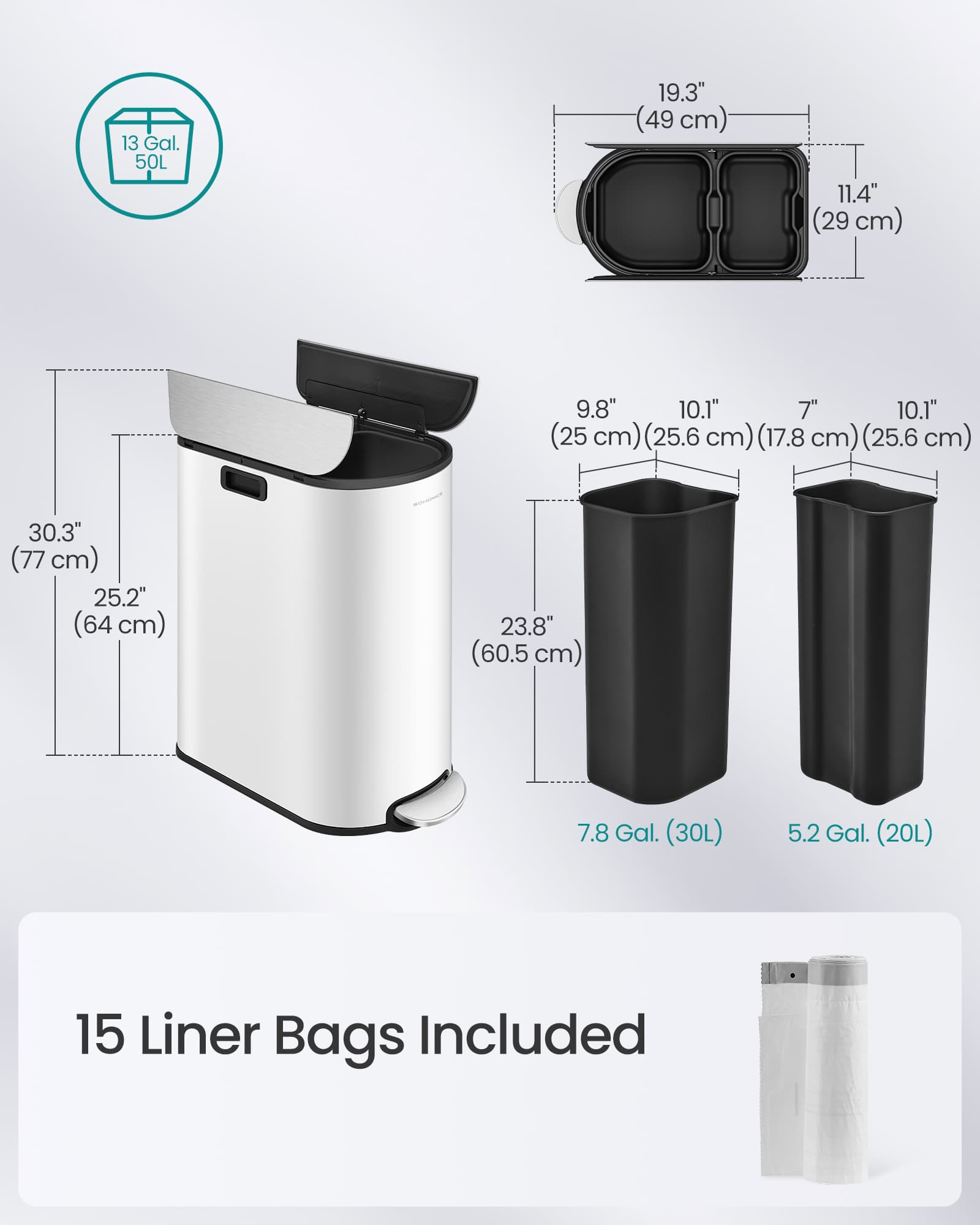 Double Kitchen Bin - Metal - Cloud White - Dual Compartment with Pedal and Wing Lids