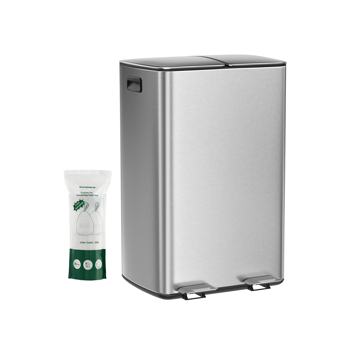 Stainless Steel Recycling and Waste Bin Set - 2 x 30L with Pedal - Silver