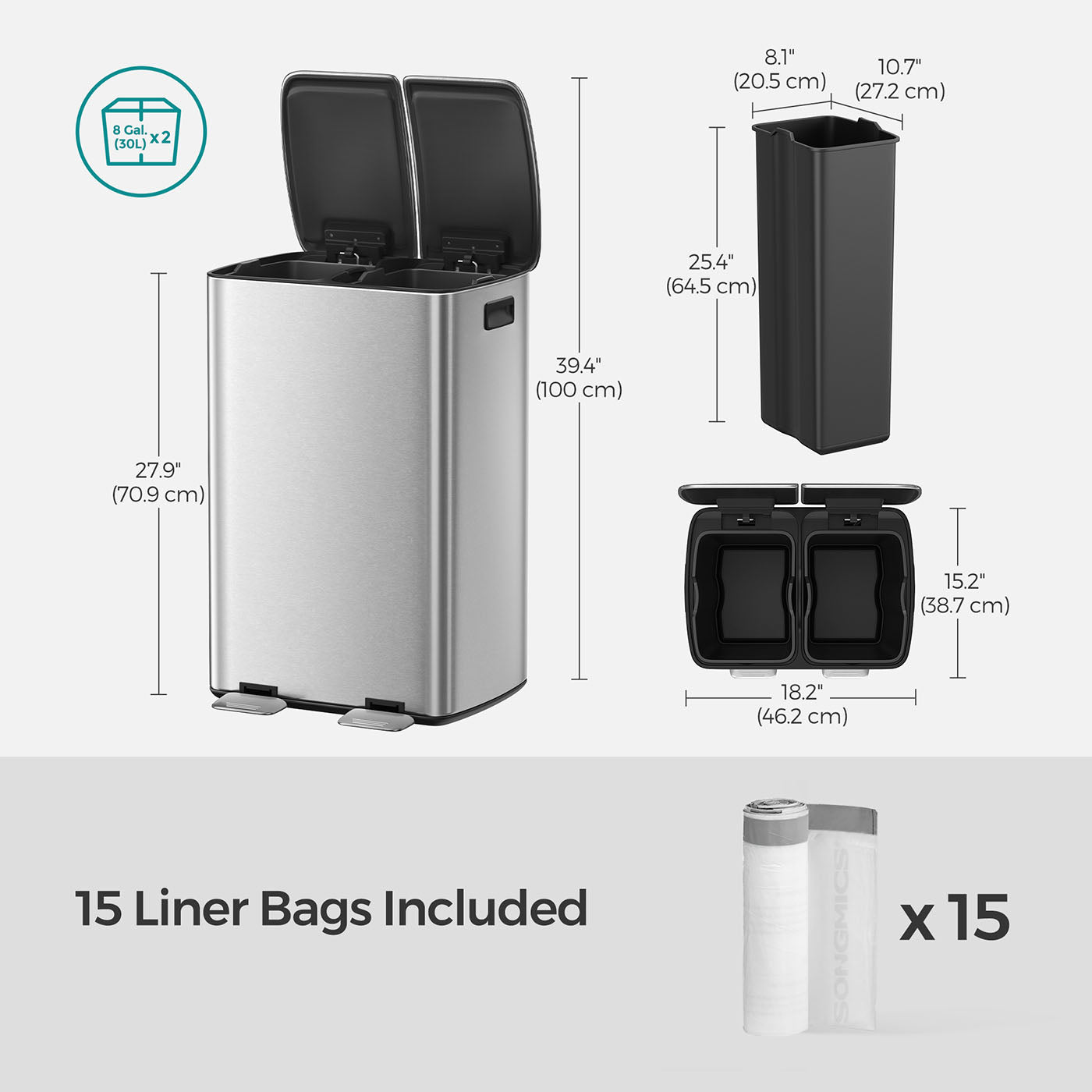Stainless Steel Recycling and Waste Bin Set - 2 x 30L with Pedal - Silver