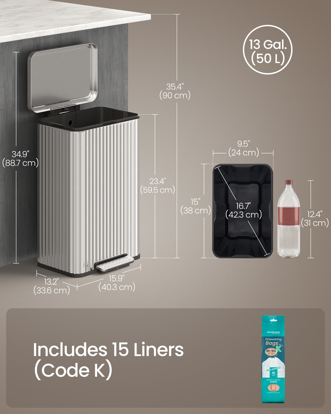 Kitchen Trash Can - 50L - Steel - Soft-Close Lid