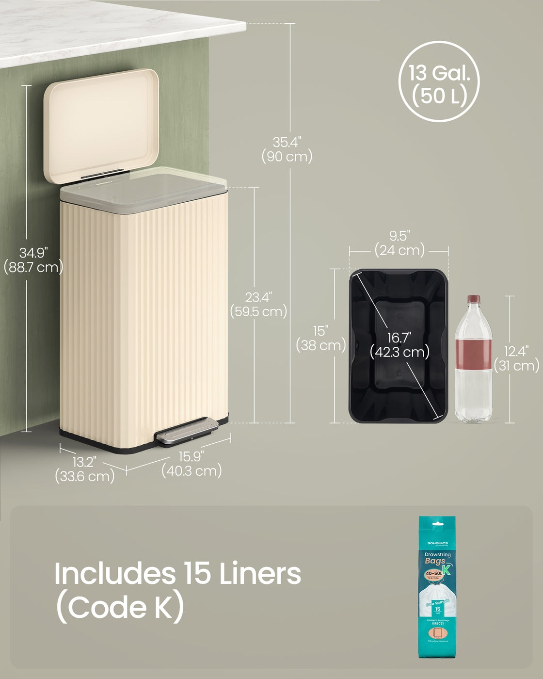 Kitchen Trash Can - 50L - Steel - Soft-Close Lid