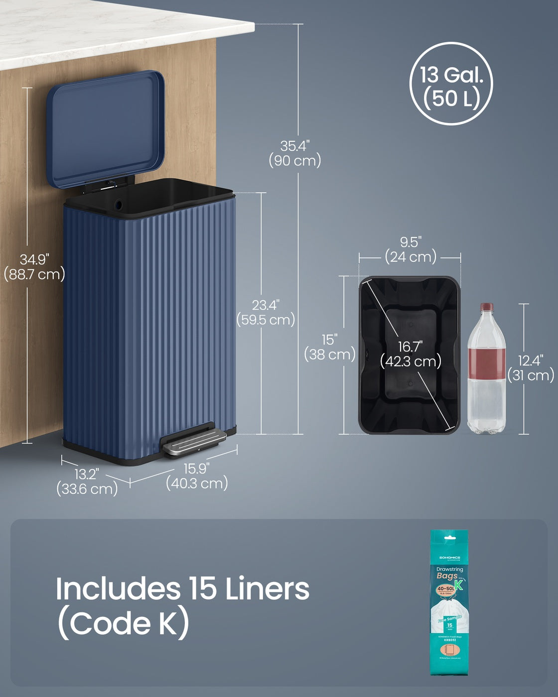 Kitchen Trash Can - 50L - Steel - Soft-Close Lid