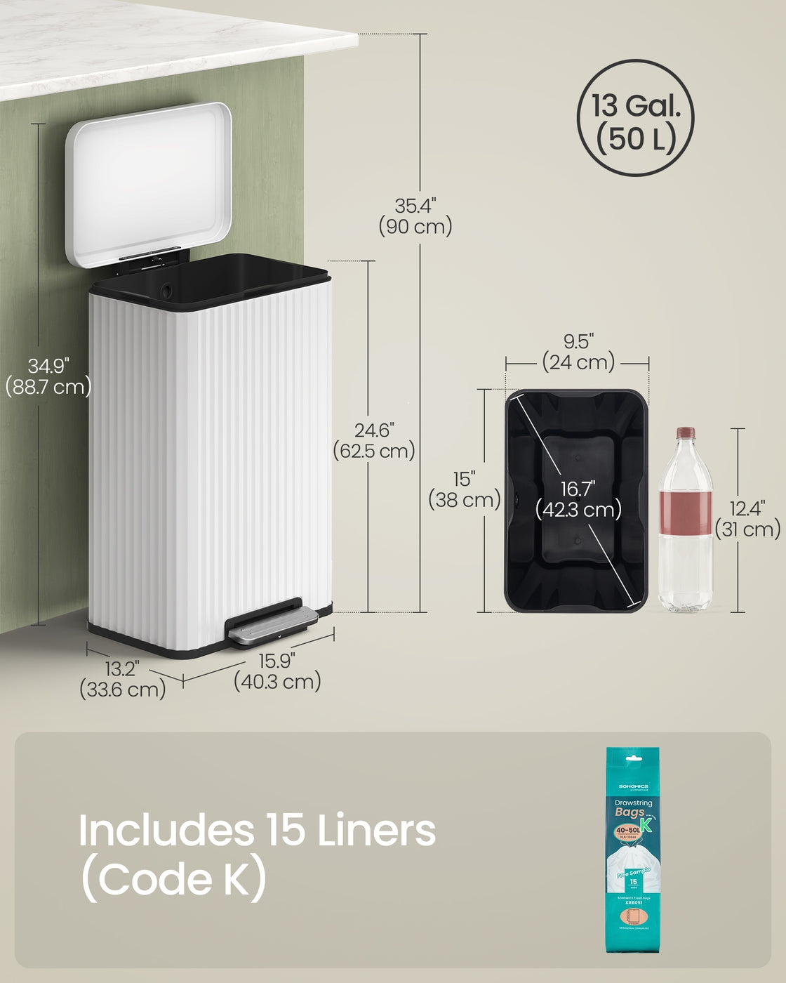Kitchen Trash Can - 50L - Steel - Soft-Close Lid