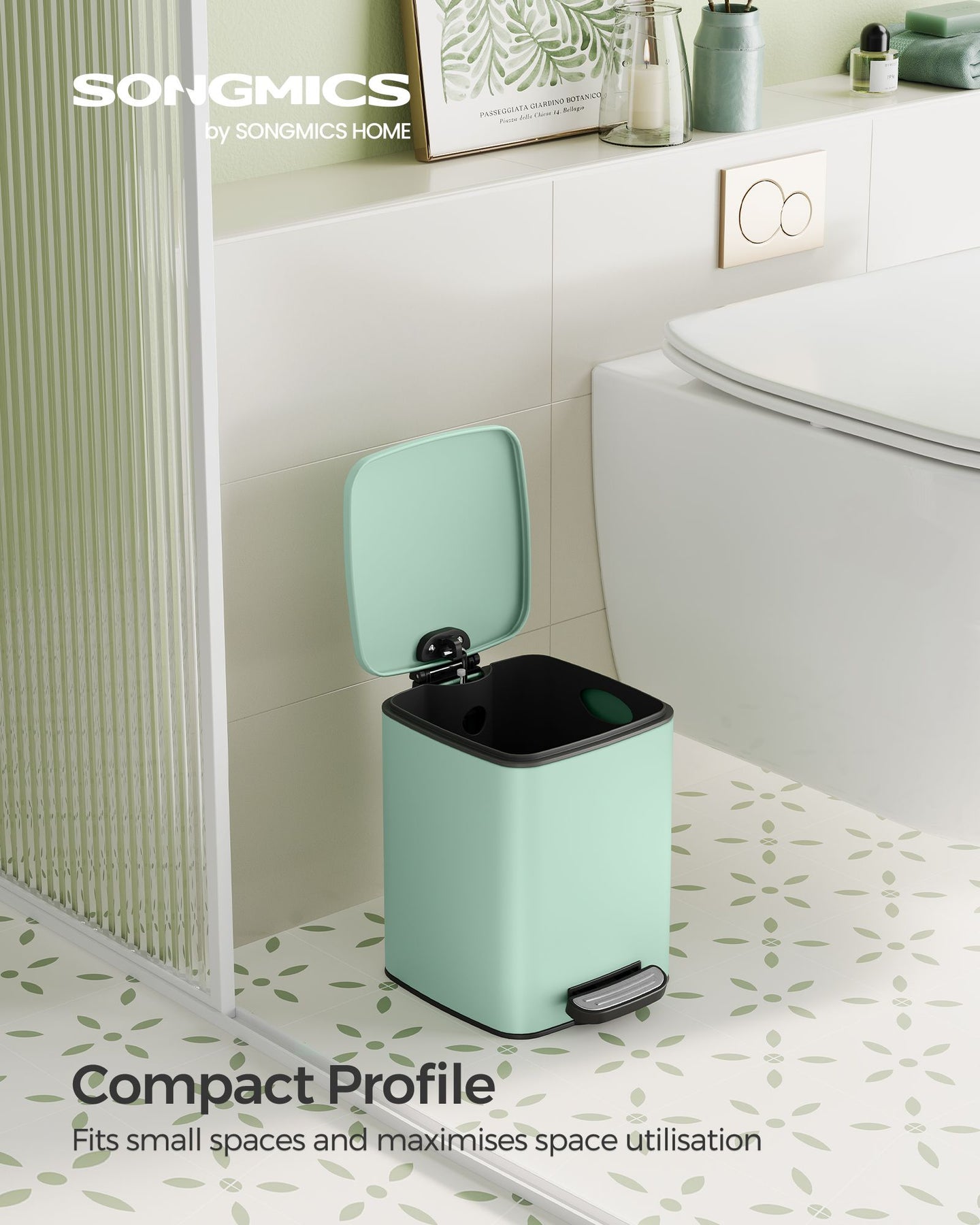 Small Bathroom Bin - Steel - Silver - Pedal Design with Soft-Close Lid