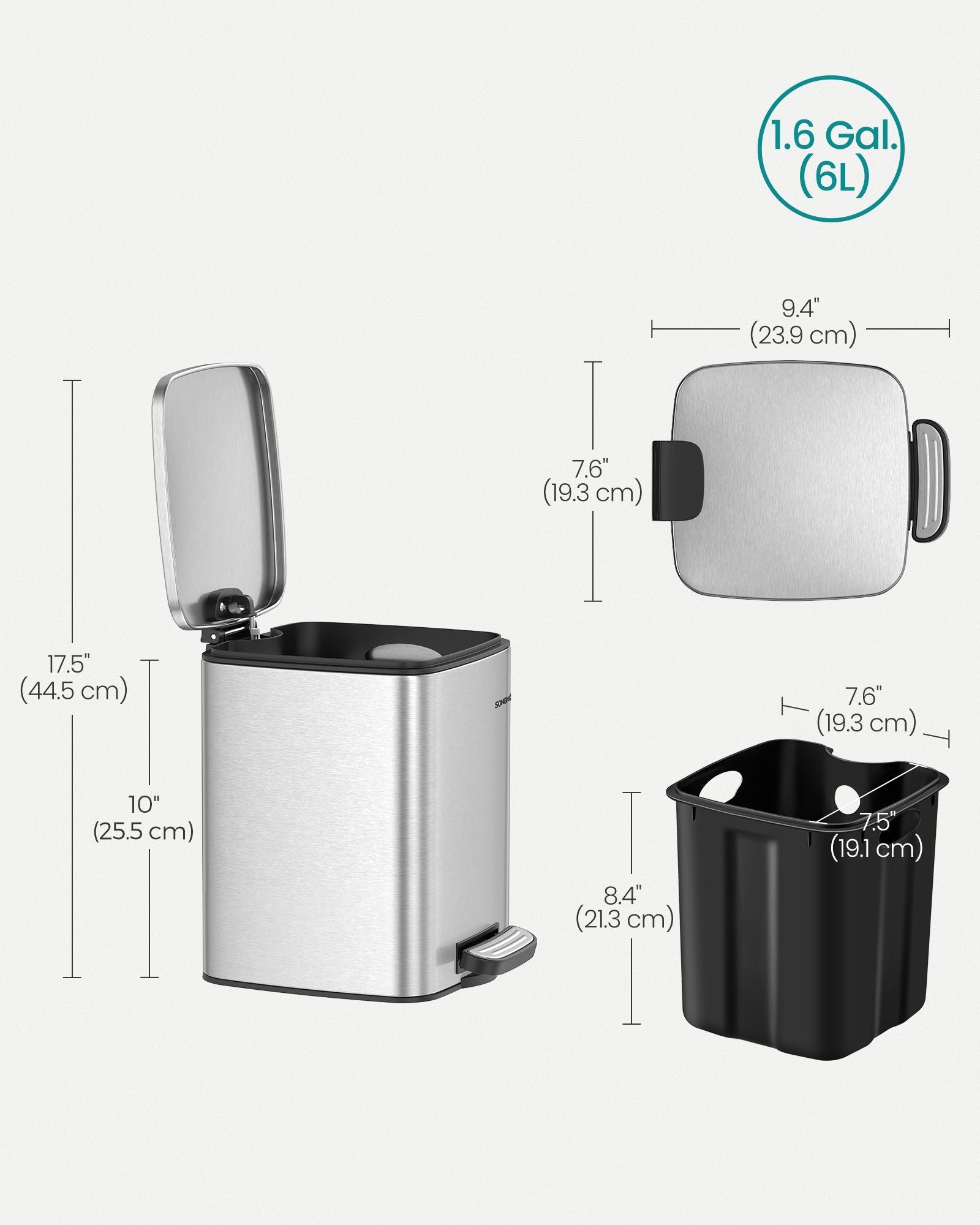 Pedal Toilet Bin - Steel - Metallic Silver - 6L Capacity with Soft-Close Lid