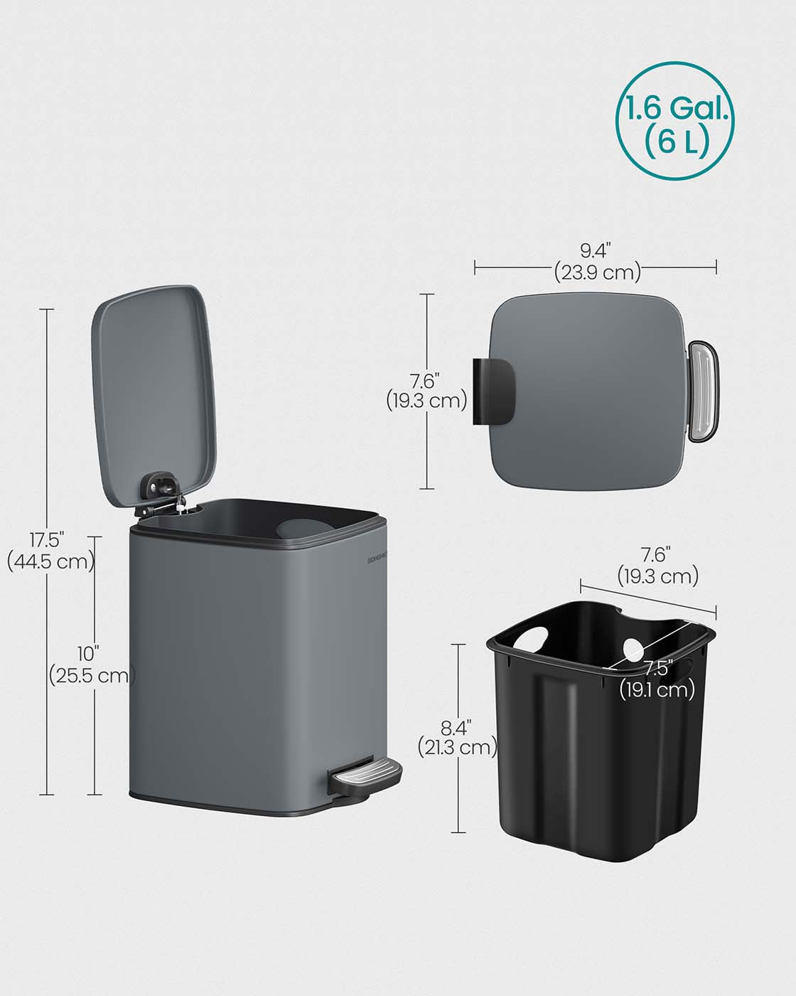 Pedal Toilet Bin - Steel - Slate Grey - 6L Capacity with Soft-Close Lid