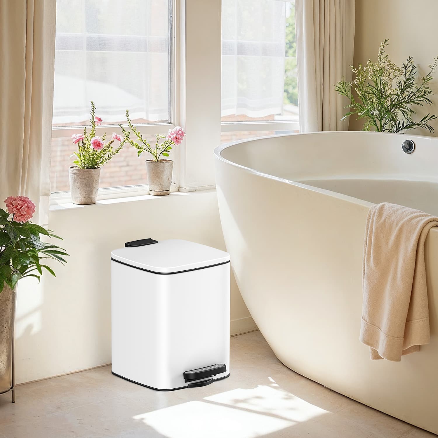 Bathroom Bin - Steel - White - 6L Soft-Close Lid for Compact Spaces