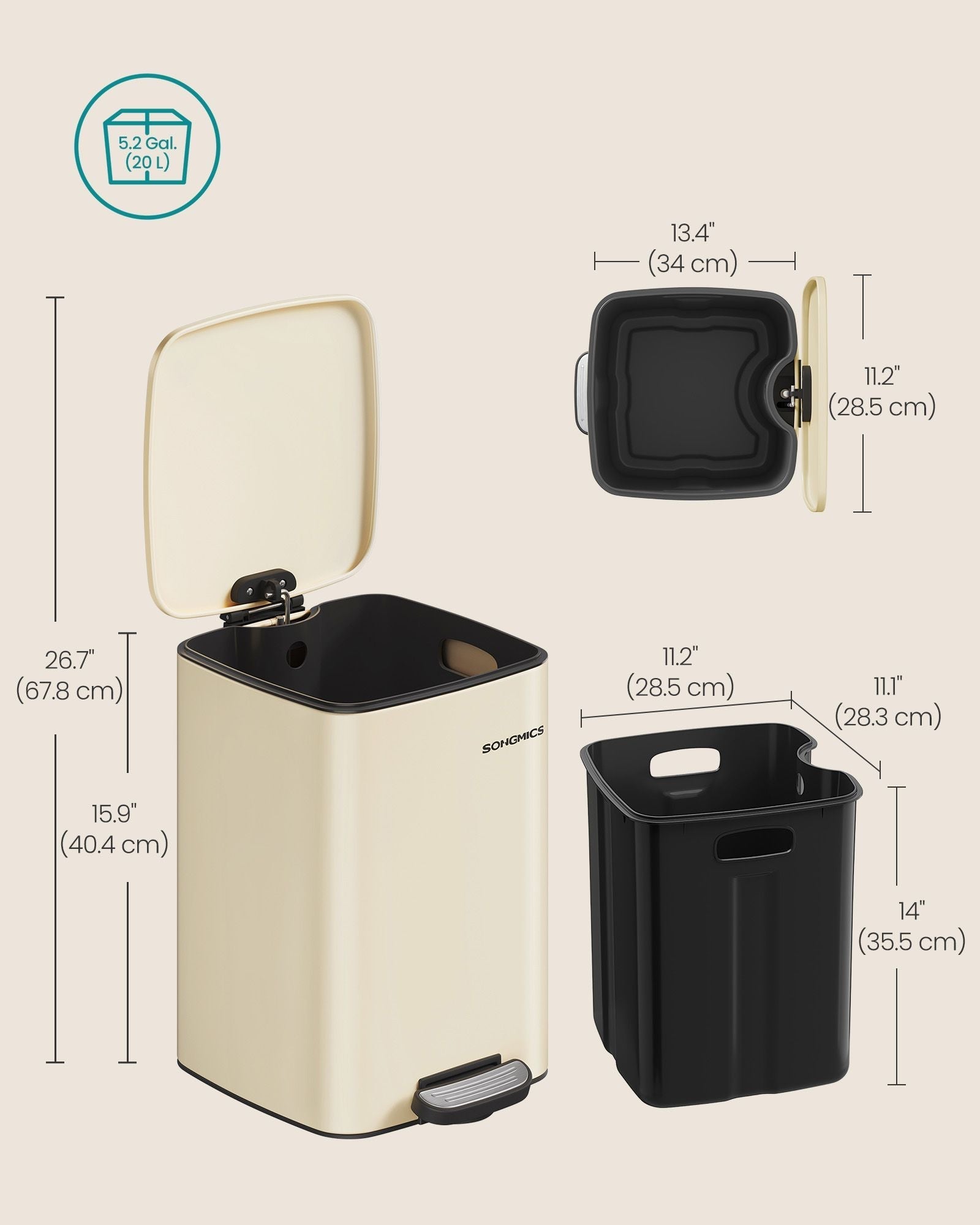 Steel Kitchen Pedal Bin - 20 L - Sand Beige - With Inner Bucket