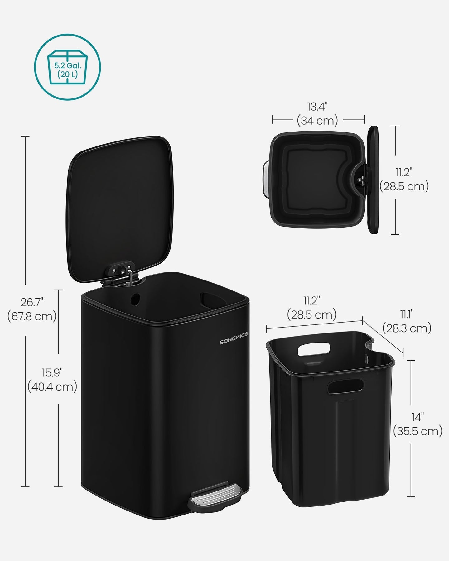 Pedal Bin - 20 L with Inner Bucket - Steel - Ink Black - Inner Bucket for Easy Cleaning