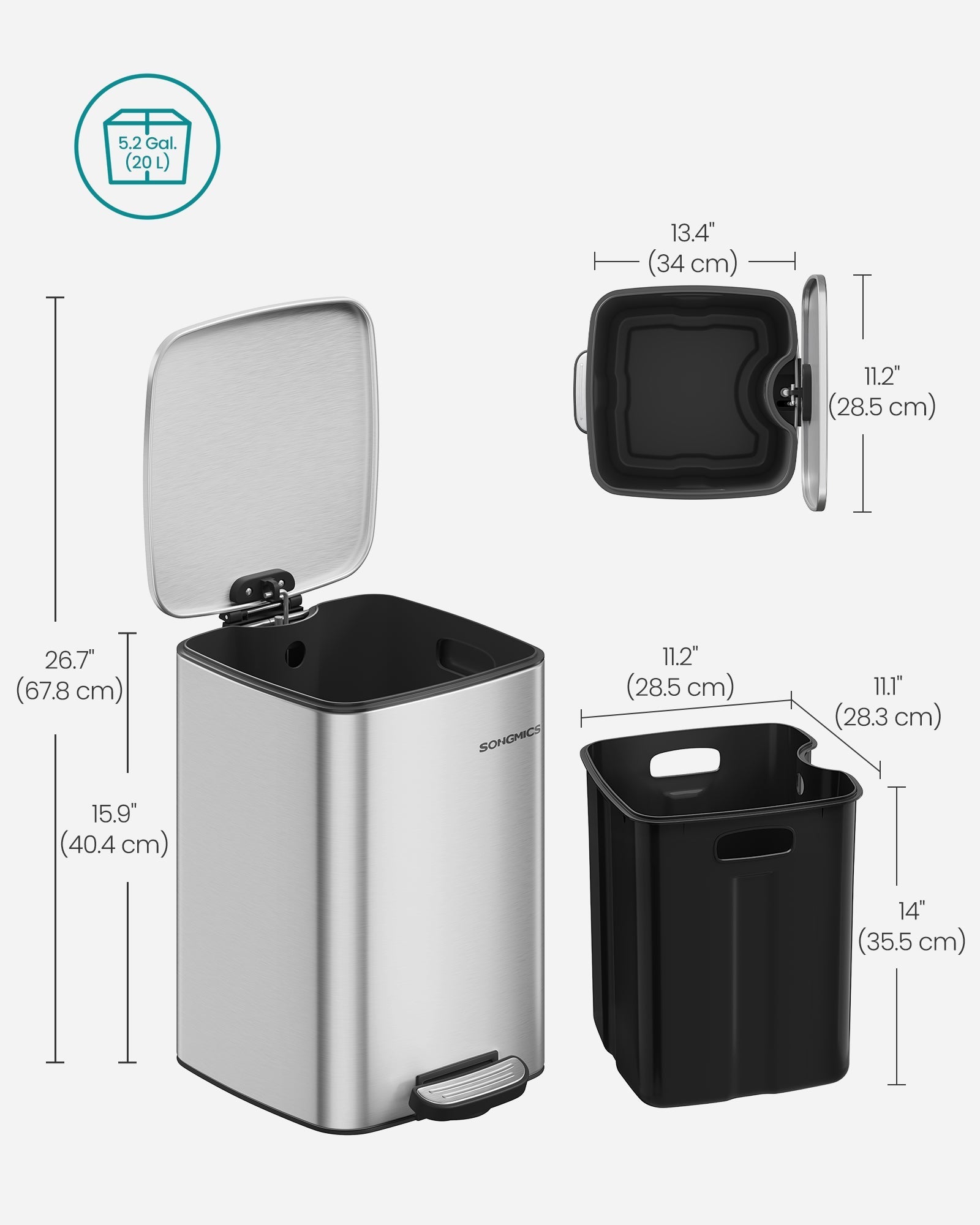 Kitchen Bin - 20 L with Inner Bucket - Steel - Metallic Silver