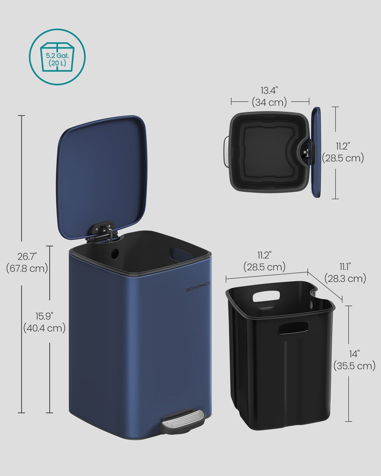 Trash Bin - Plastic - Midnight Blue - 5.2 Gallon (20 L) Capacity