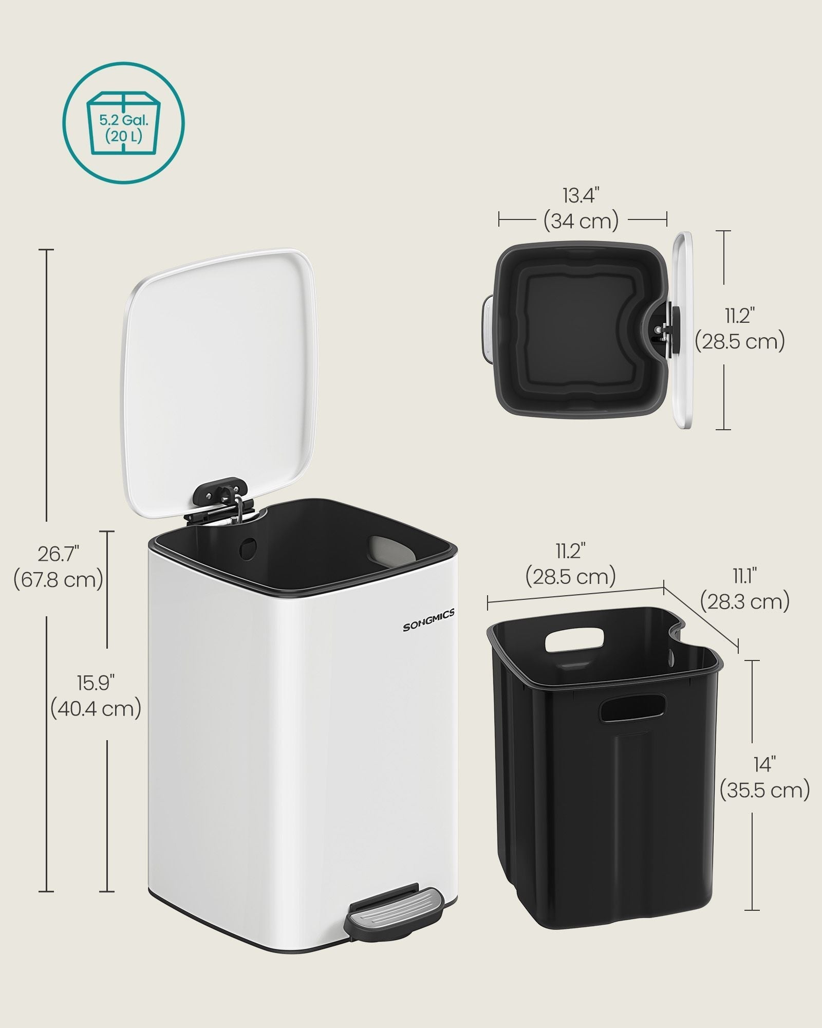 Pedal Bin - 20L with Inner Bucket - Steel - Cloud White - Durable and Easy to Clean