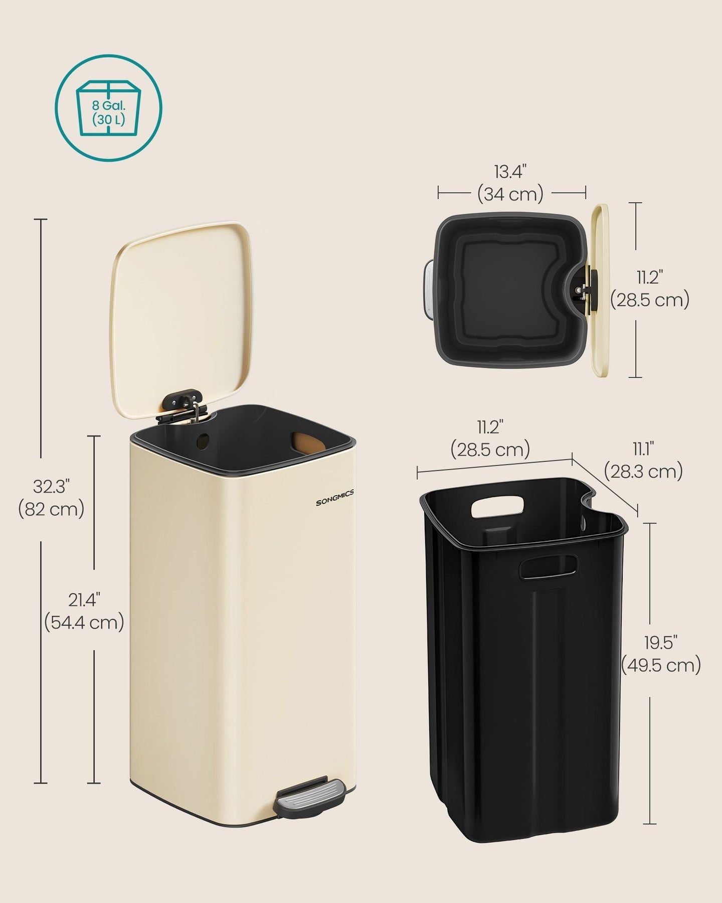 30 L Steel Kitchen Pedal Bin - Steel - Sand Beige - Inner Bucket Included