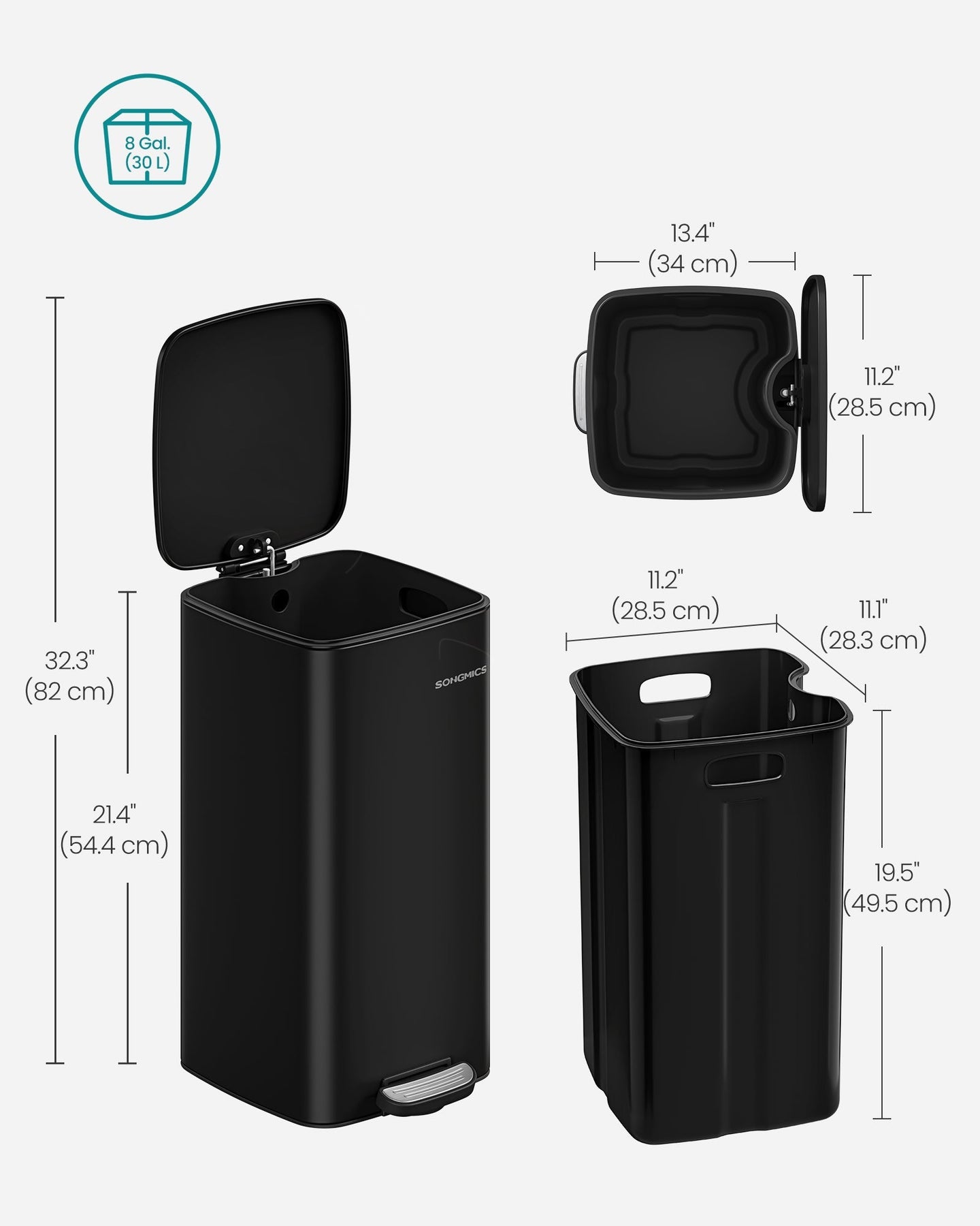 Pedal Bin - 30 L with Inner Bucket - Steel - Ink Black