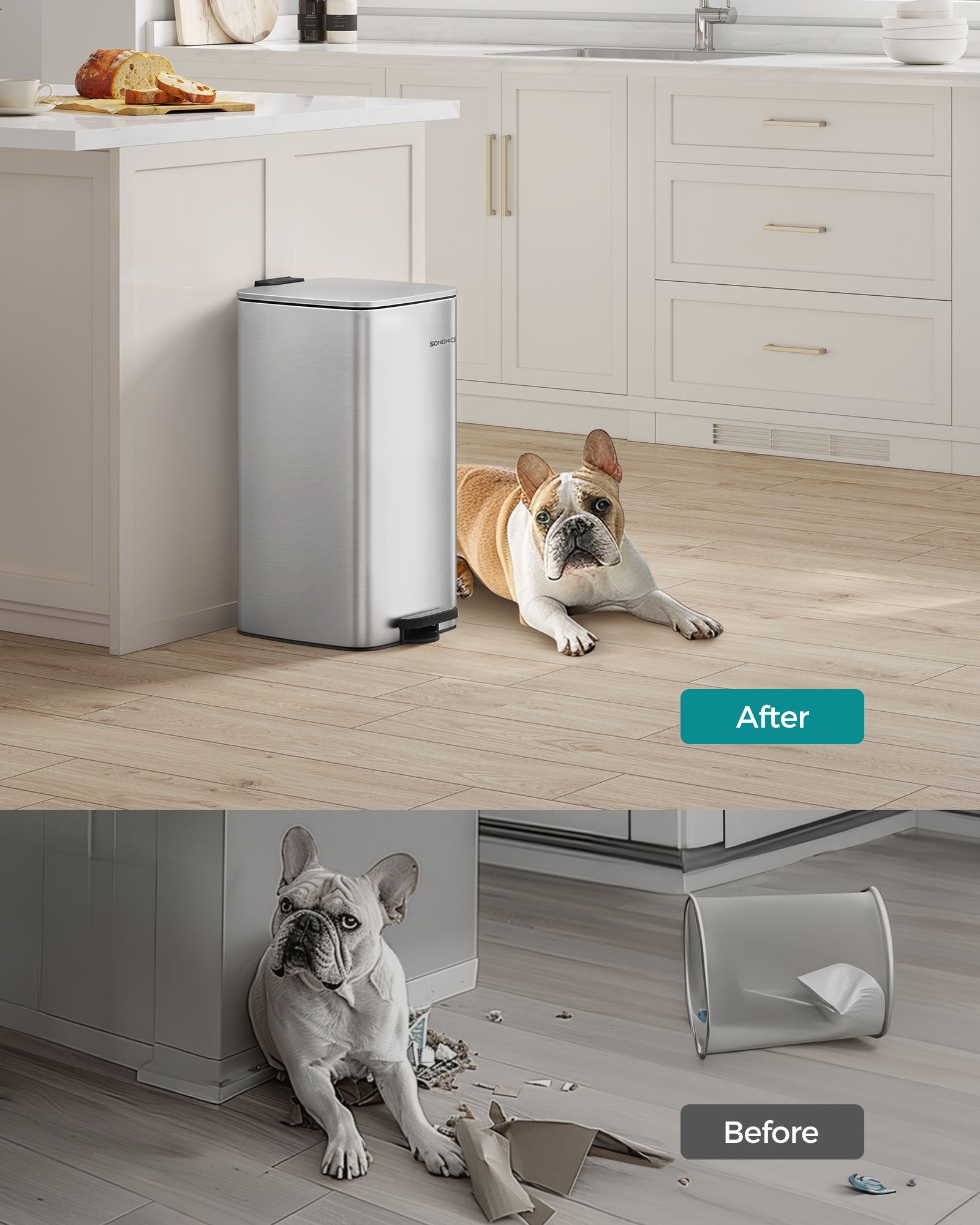 Kitchen Bin - Steel - Metallic Silver - 30 L Capacity with Inner Bucket