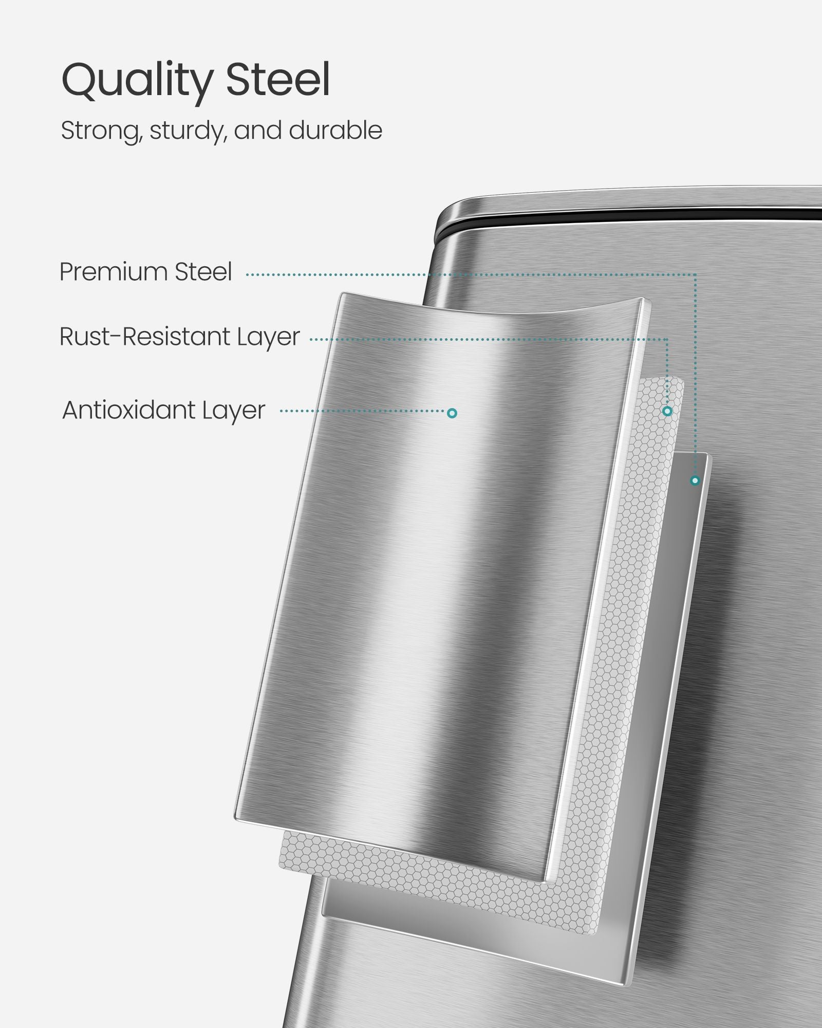 Kitchen Bin - Steel - Metallic Silver - 30 L Capacity with Inner Bucket