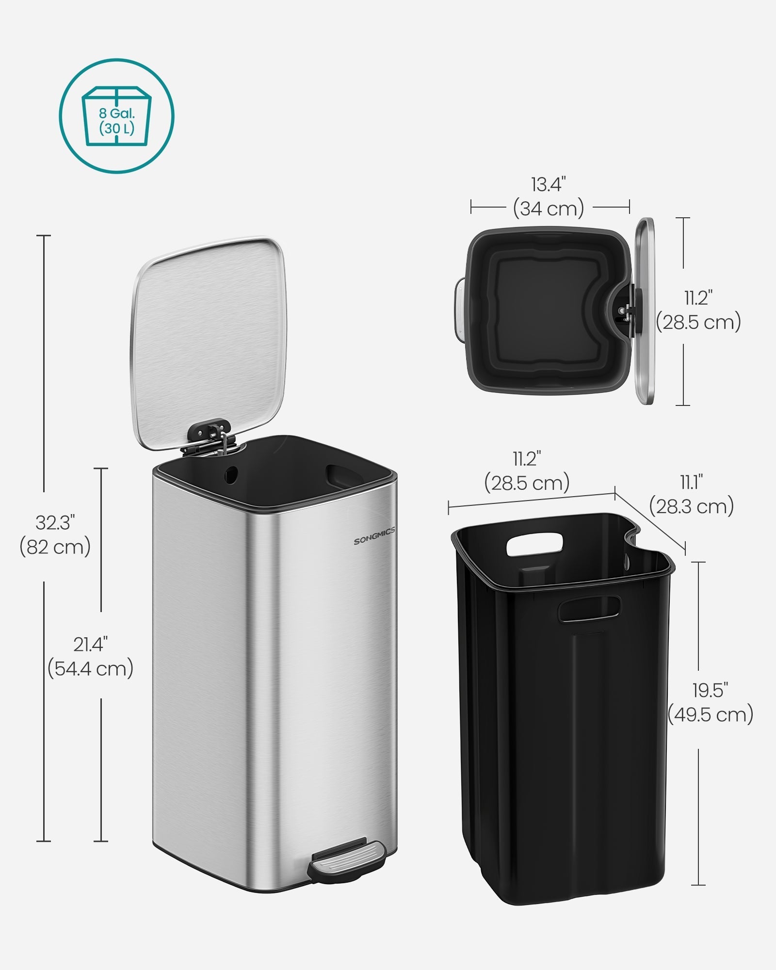 Kitchen Bin - Steel - Metallic Silver - 30 L Capacity with Inner Bucket