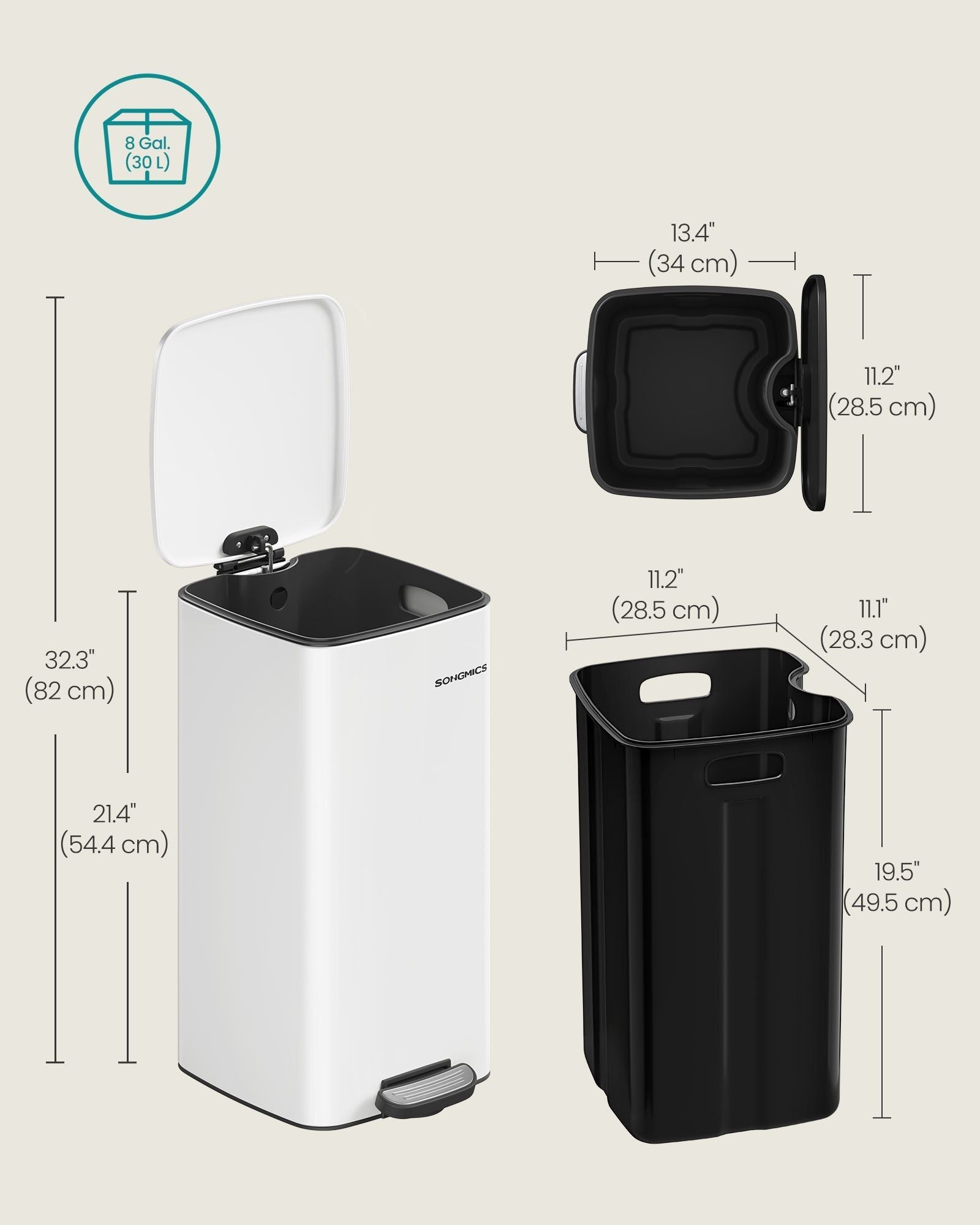 Kitchen Bin - 30 L with Inner Bucket - Steel - Cloud White