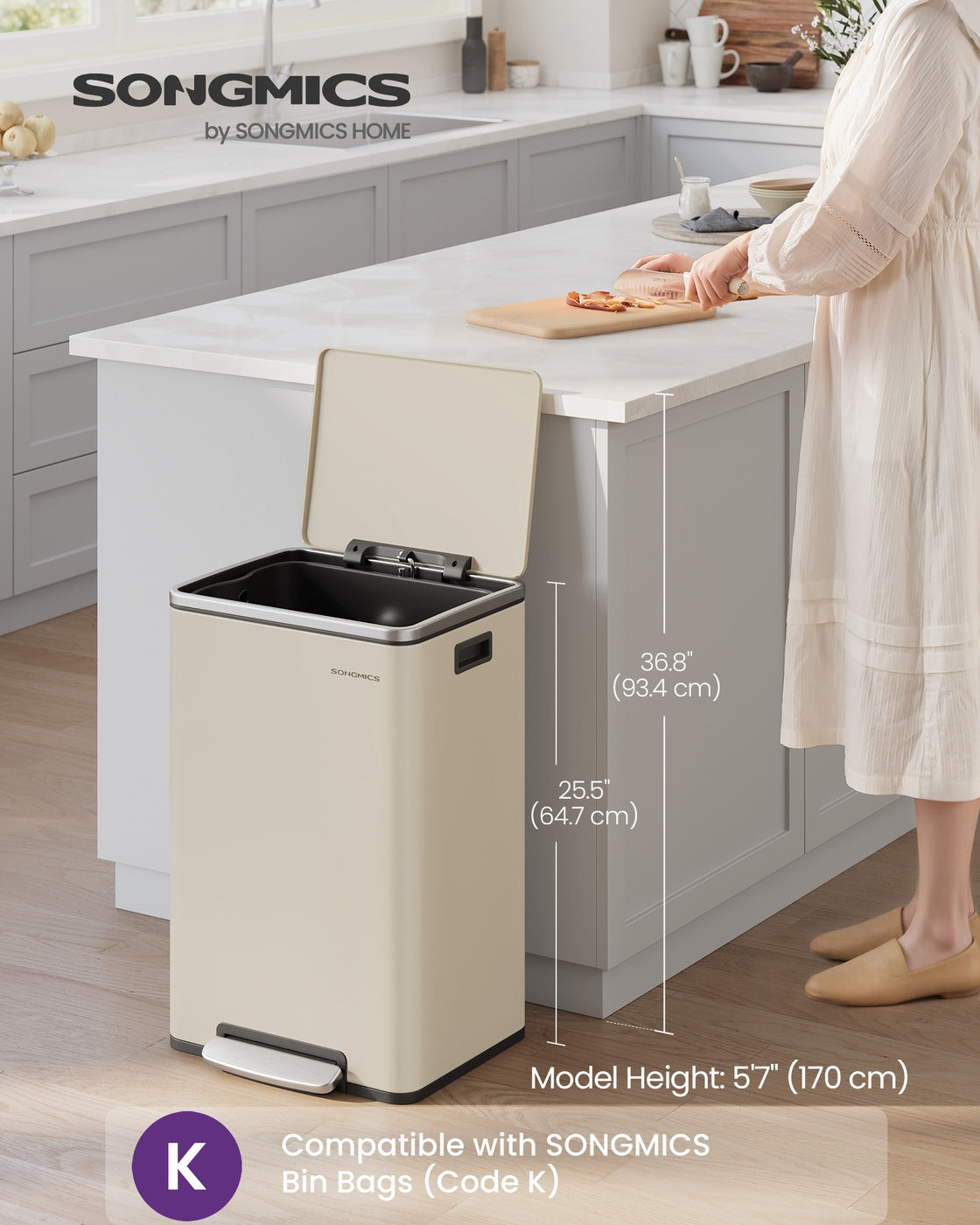Kitchen Bin - Steel Bin and Plastic Inner Bucket - Cream