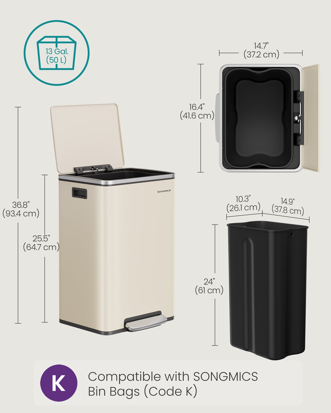 Kitchen Bin - Steel Bin and Plastic Inner Bucket - Cream