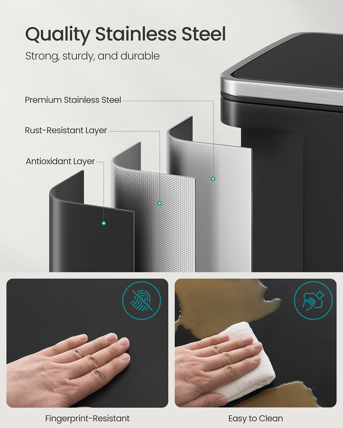 Kitchen Bin - Stainless Steel - Ink Black - 50 L with Soft Close and Removable Inner Bucket