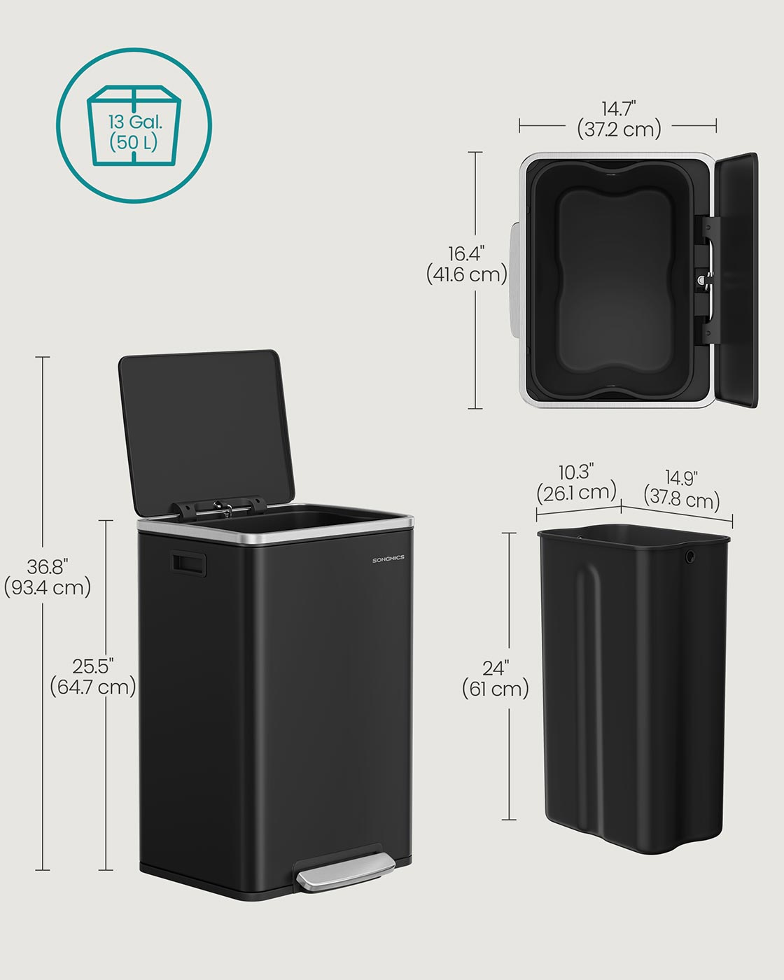 Kitchen Bin - Stainless Steel - Ink Black - 50 L with Soft Close and Removable Inner Bucket