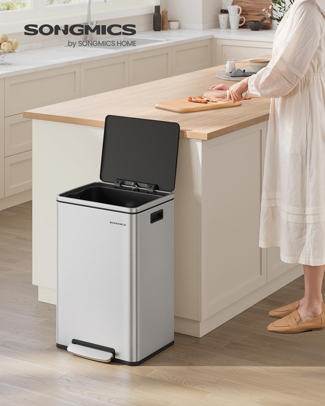 Kitchen Bin - Stainless Steel - Silver - 50 L with Removable Inner Bucket and Soft Close