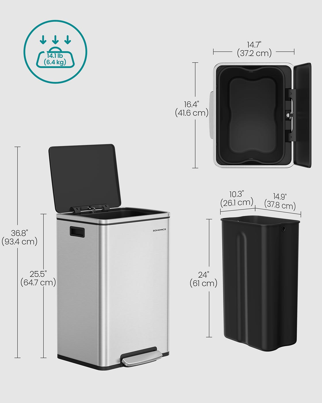 Kitchen Bin - Stainless Steel - Silver - 50 L with Removable Inner Bucket and Soft Close