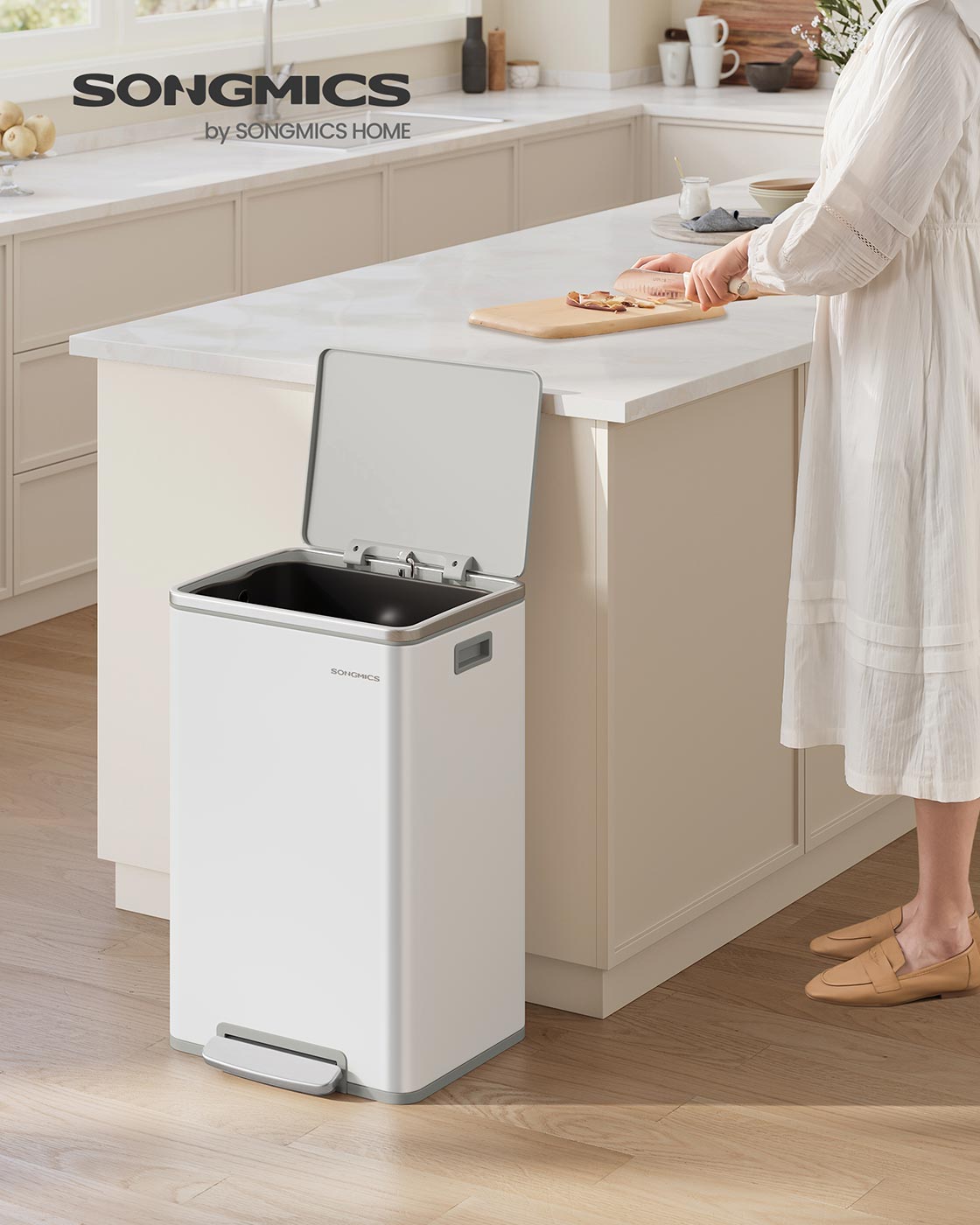 Kitchen Bin - Stainless Steel - Cloud White - 50 L Capacity with 15 Bin Bags
