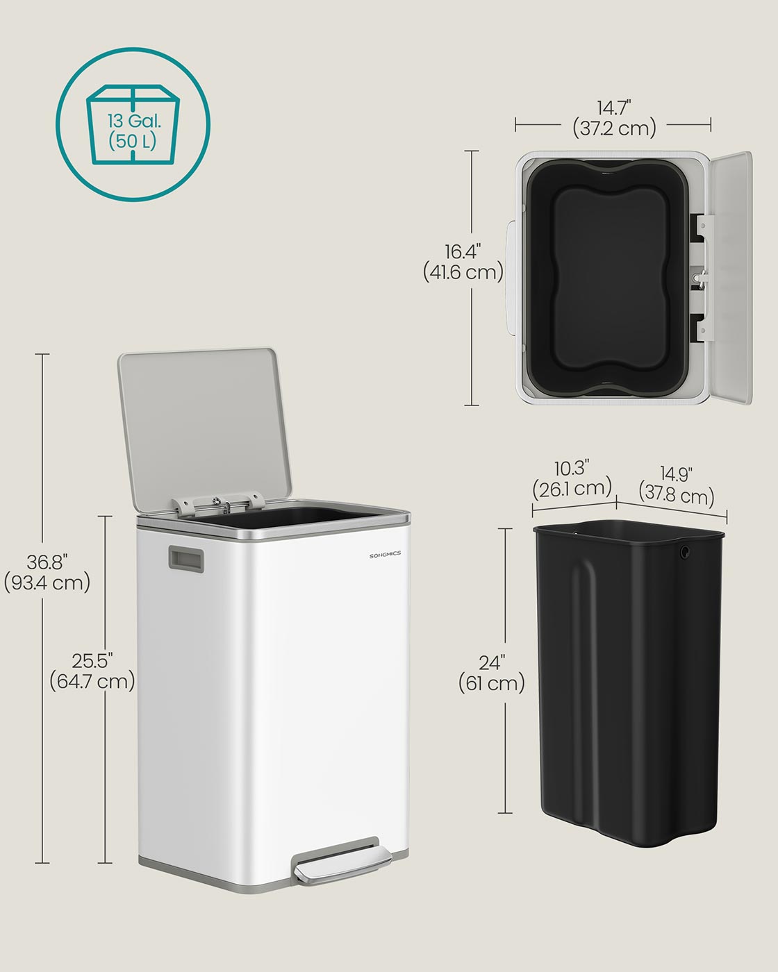 Kitchen Bin - Stainless Steel - Cloud White - 50 L Capacity with 15 Bin Bags