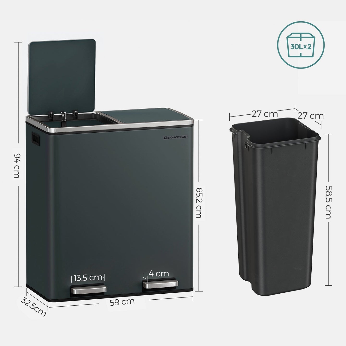 Double 30L Trash Can - Stainless Steel - Fingerprint Proof